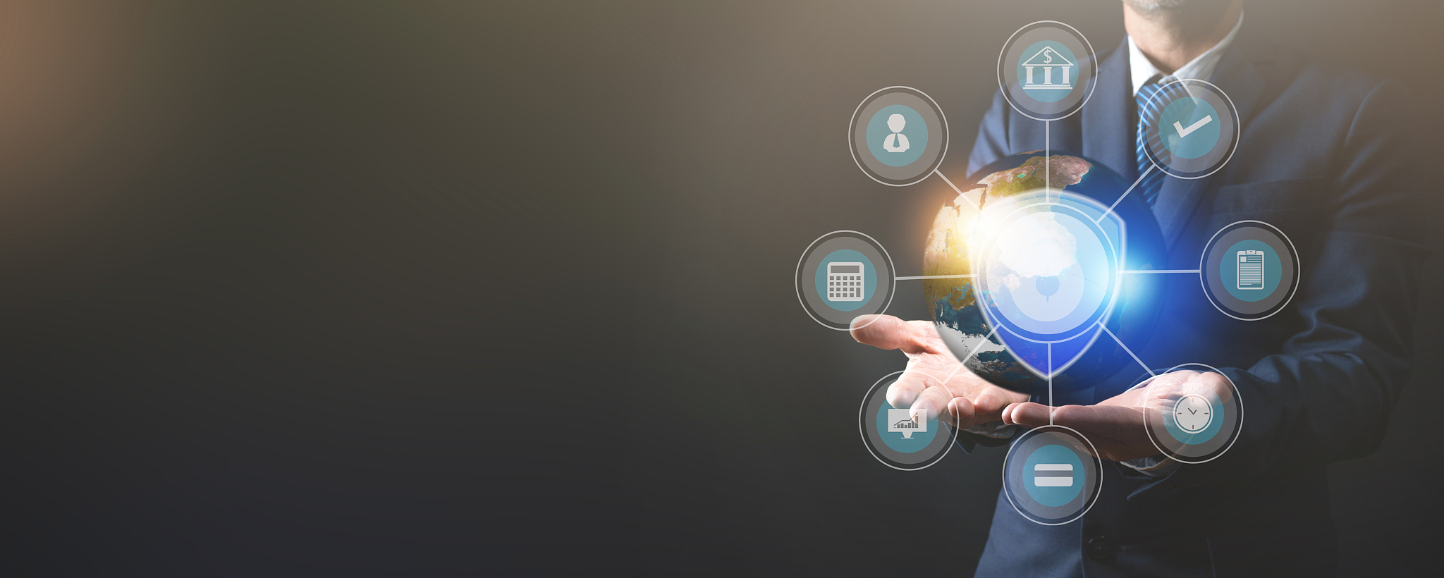 businessman holding and protect business, investment by technolo