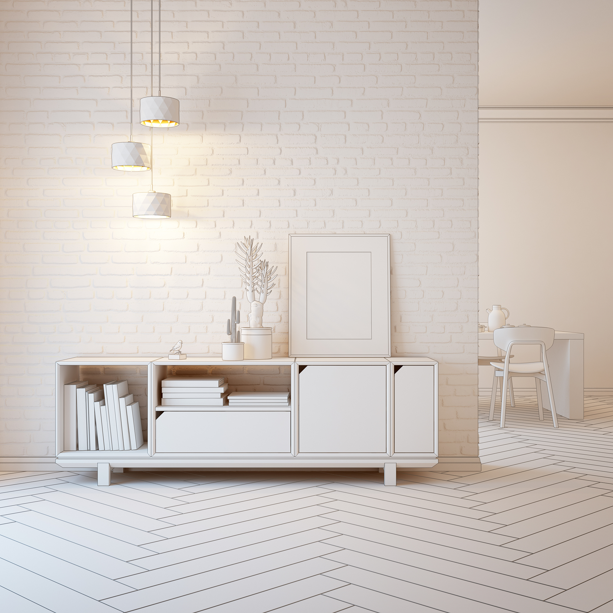 living room interior with wooden sideboard, 3d rendering