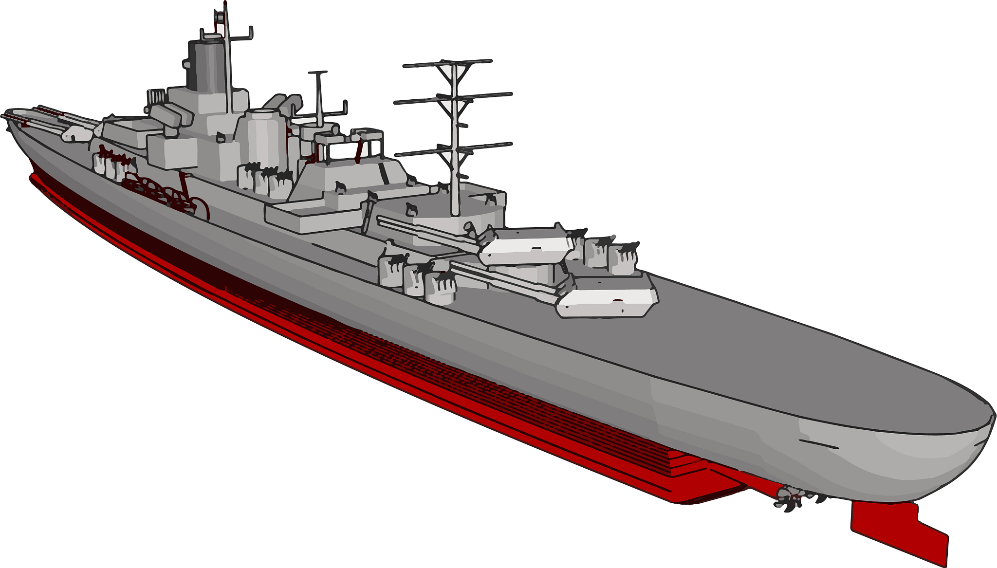 3d a long red and grey military war ship on a