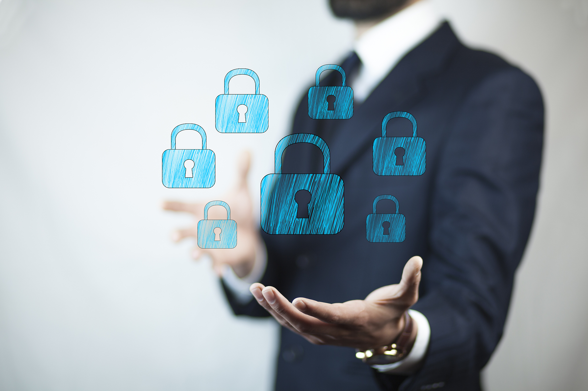 businessman pressing security button icon