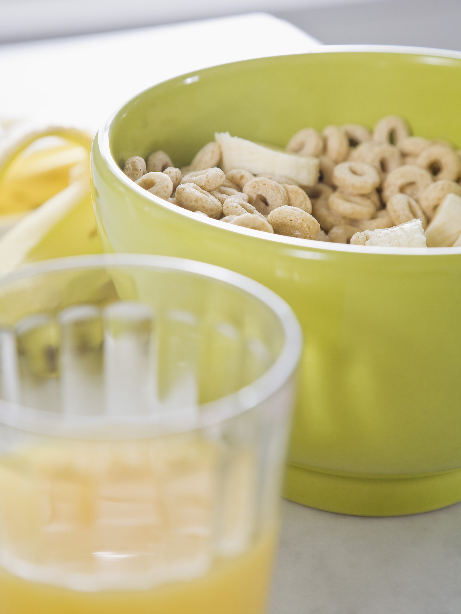 bowl of ceral and glass of juice