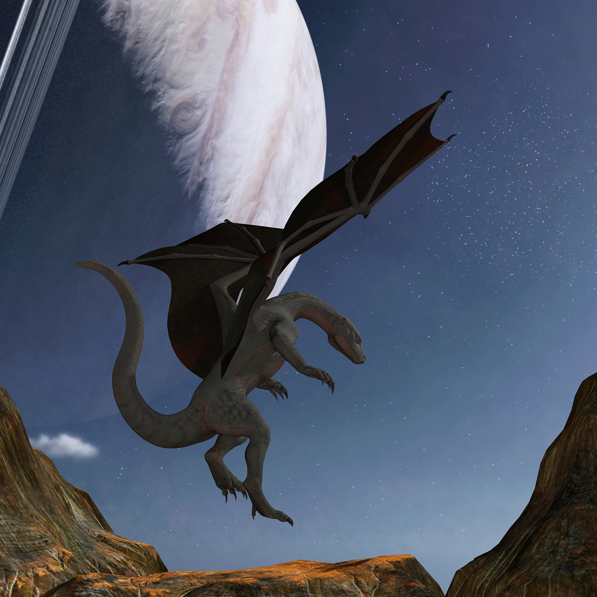 illustration of a dragon landing on a mountain butte with a ring