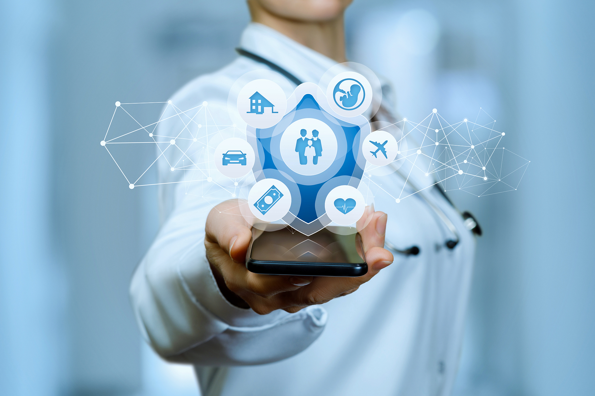 insurance policy services in a mobile device in the hands.