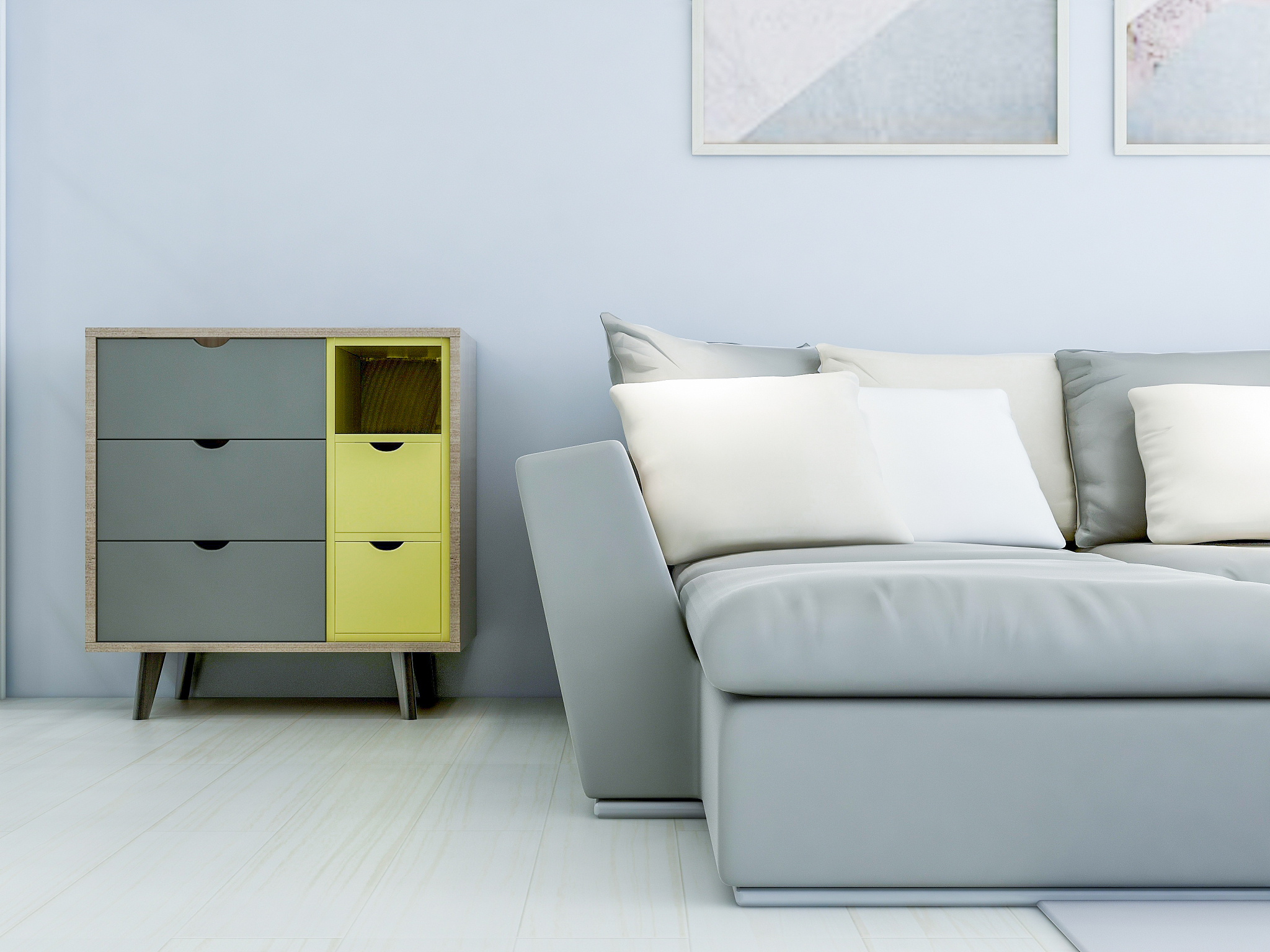 modern living room with couch and drawers next to it
