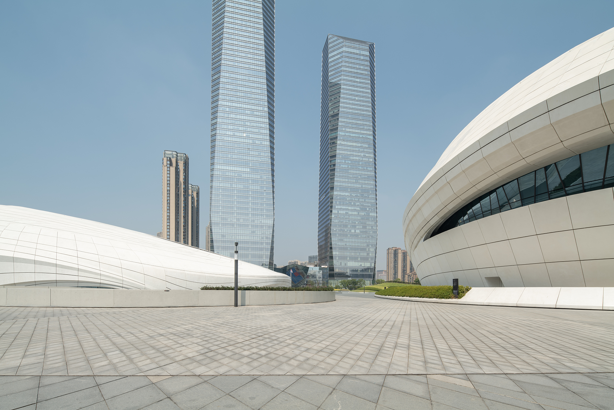 宁波市标志性建筑绘画作品：博物馆、玉米楼、天一阁与莲花体育馆