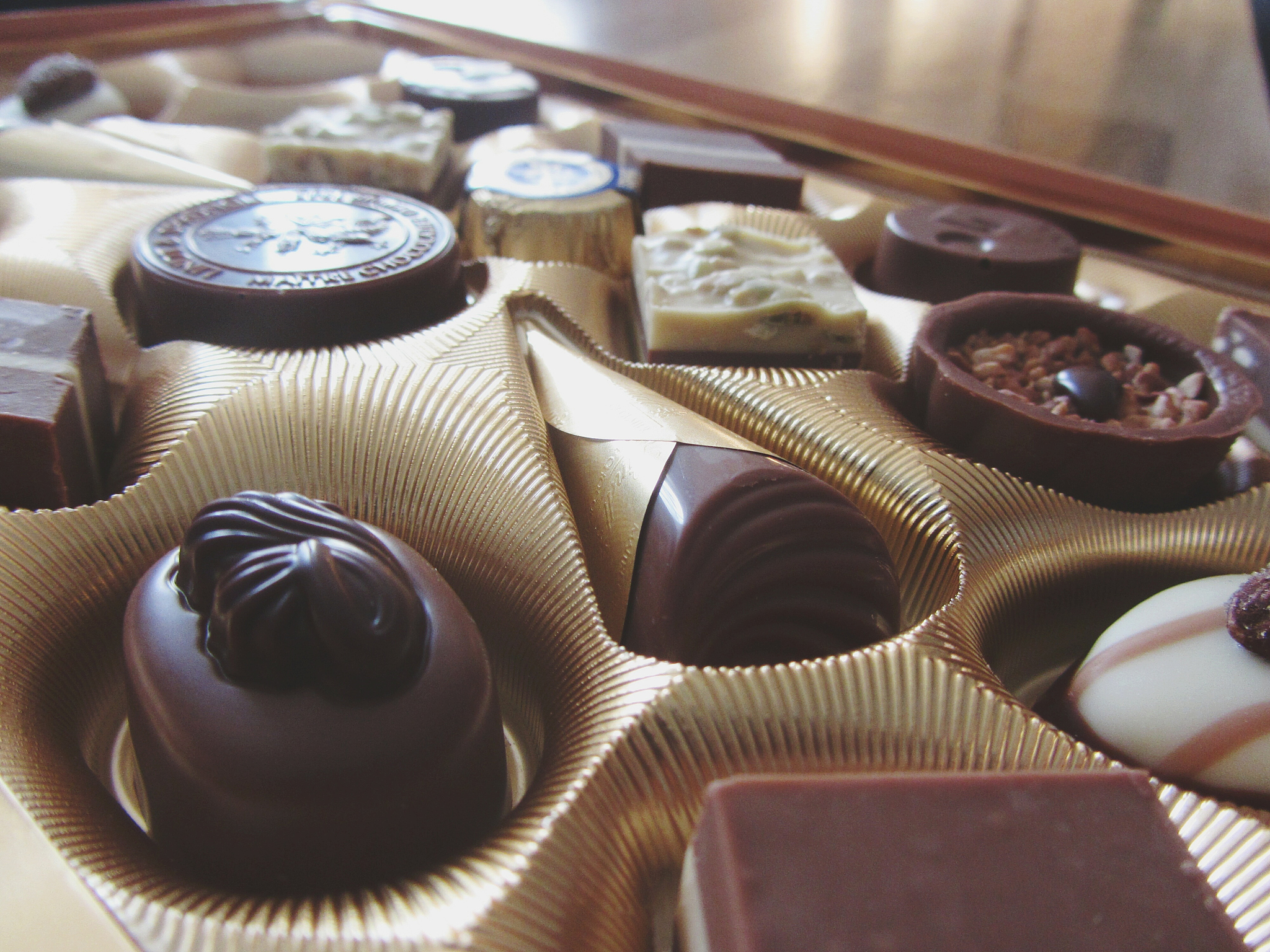close-up of chocolates in box