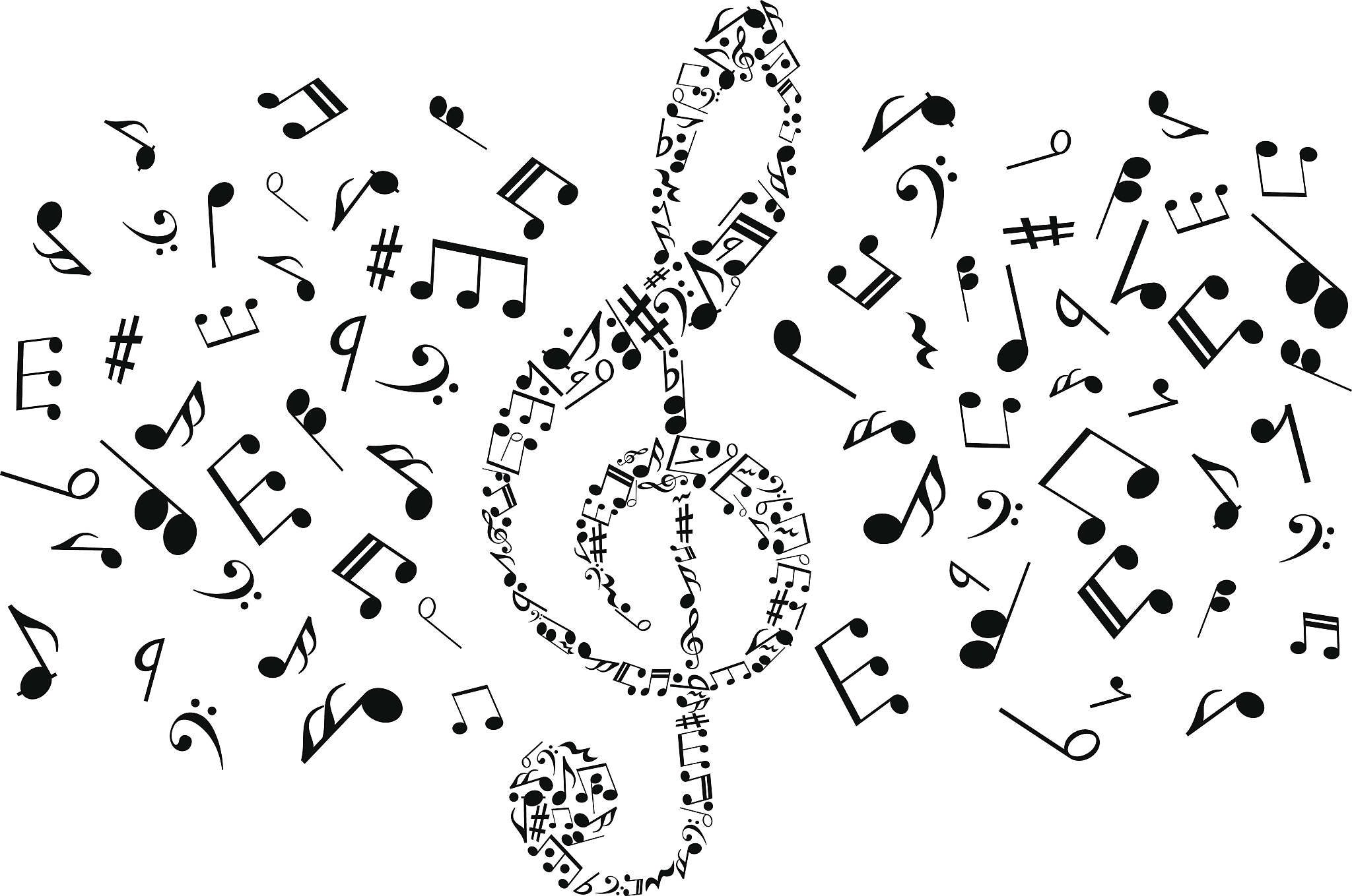 musical notes and symbols in shape of treble clef