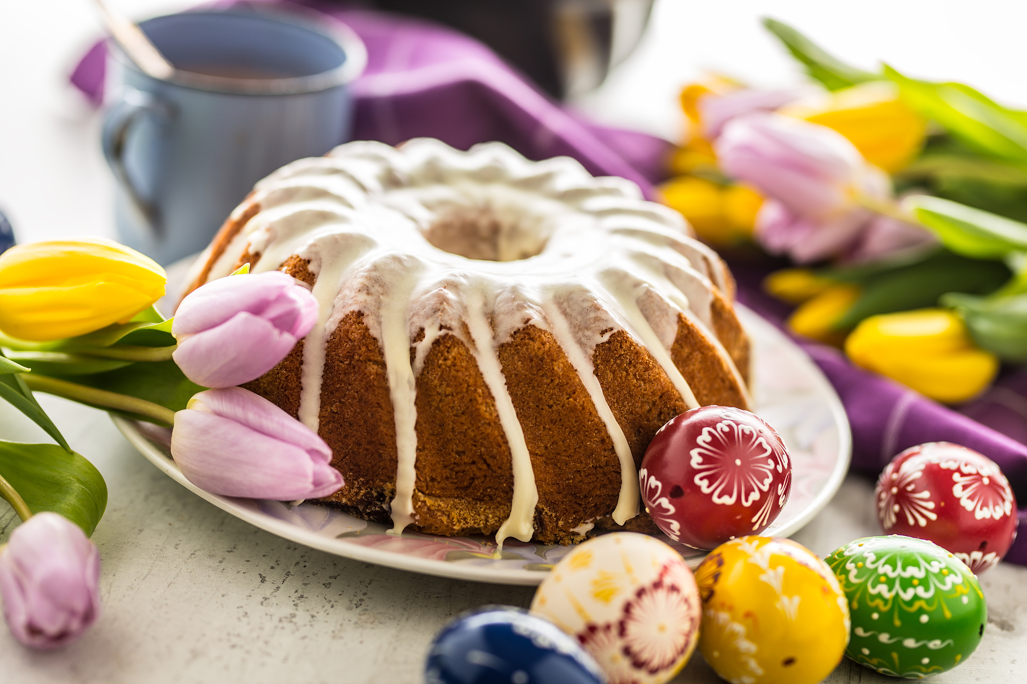 easter cake. traditional ring marble cake withe easter decotatio