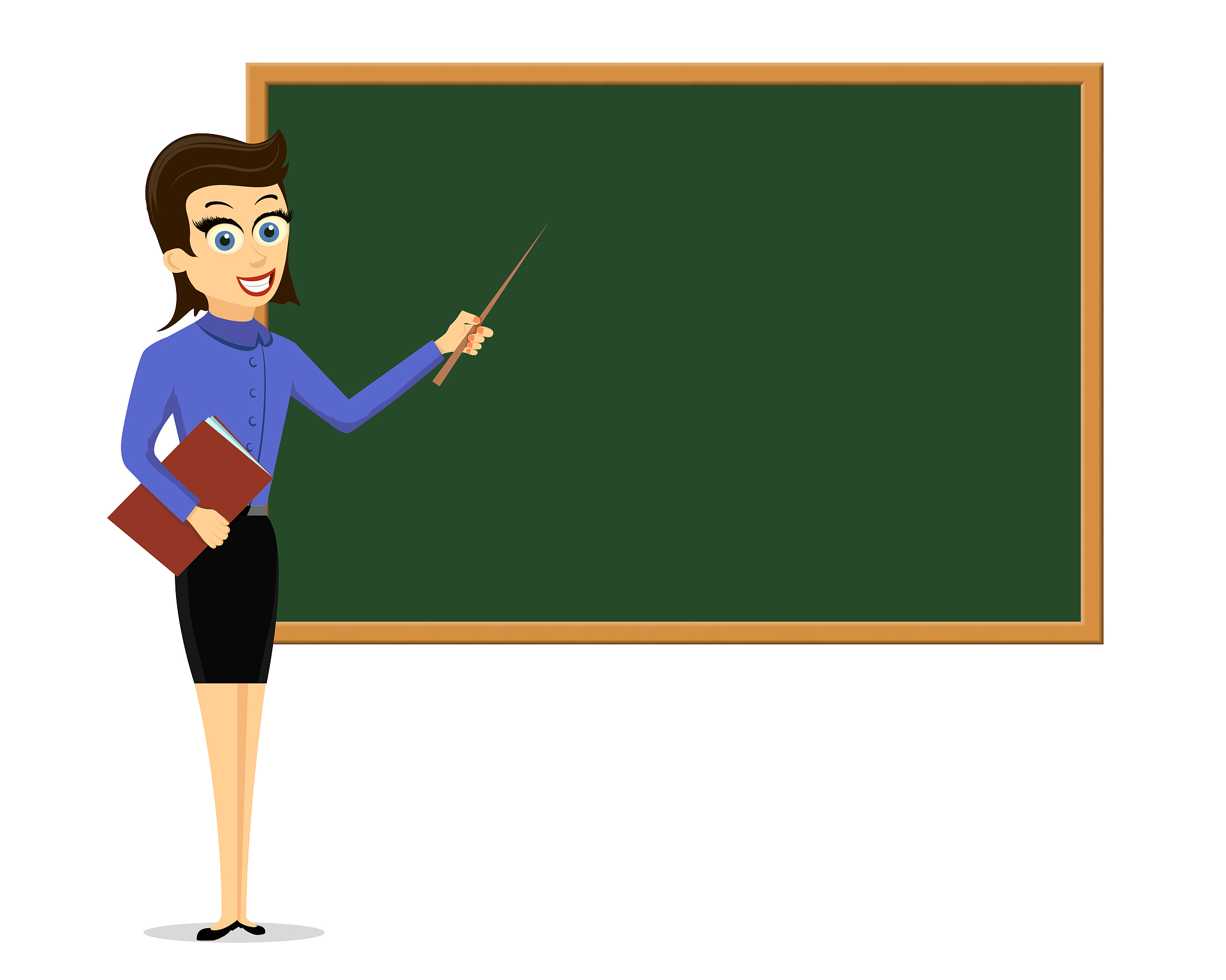 young female teacher standing next to a chalkboard