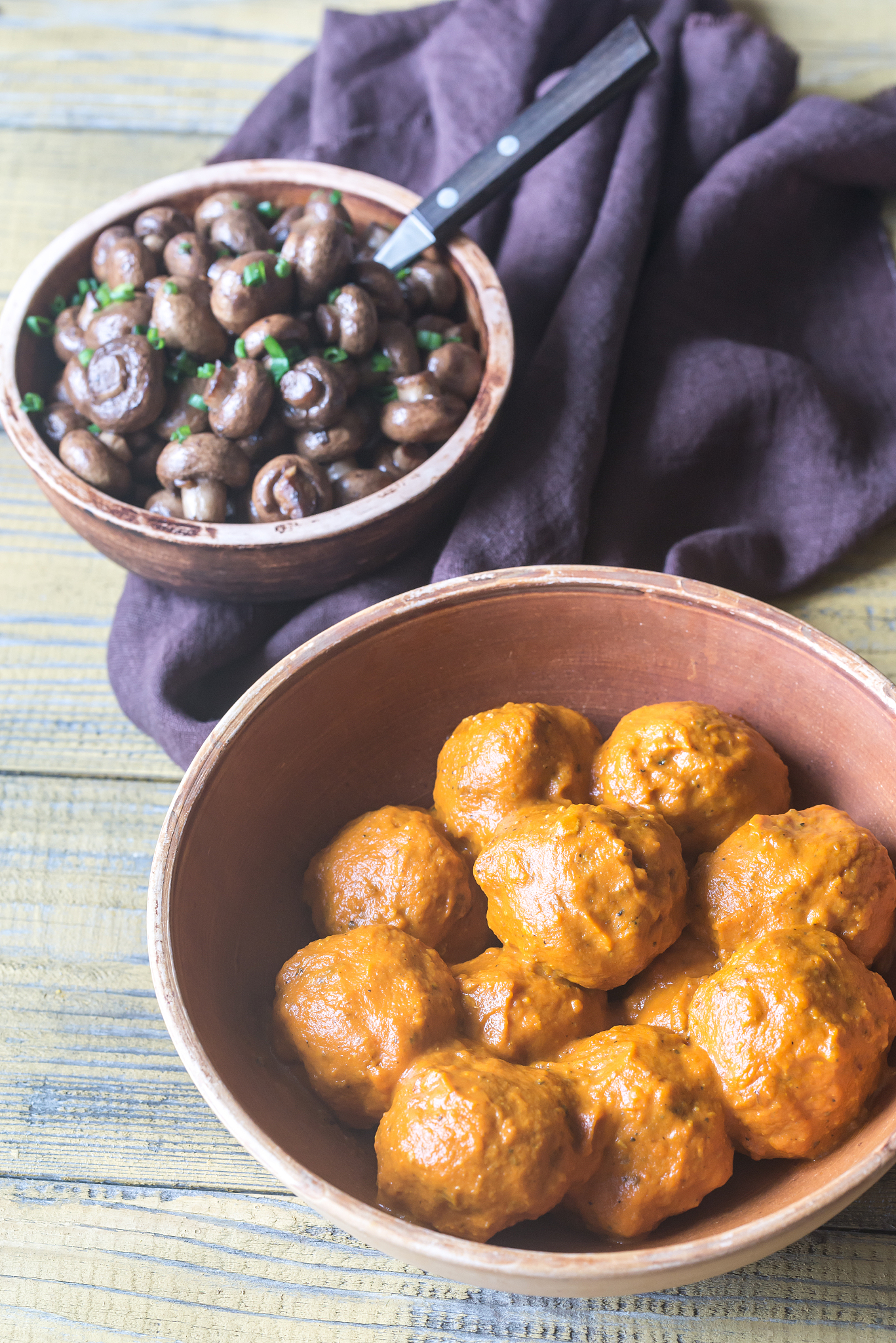 bowl of turkey meatballs with roasted mushrooms