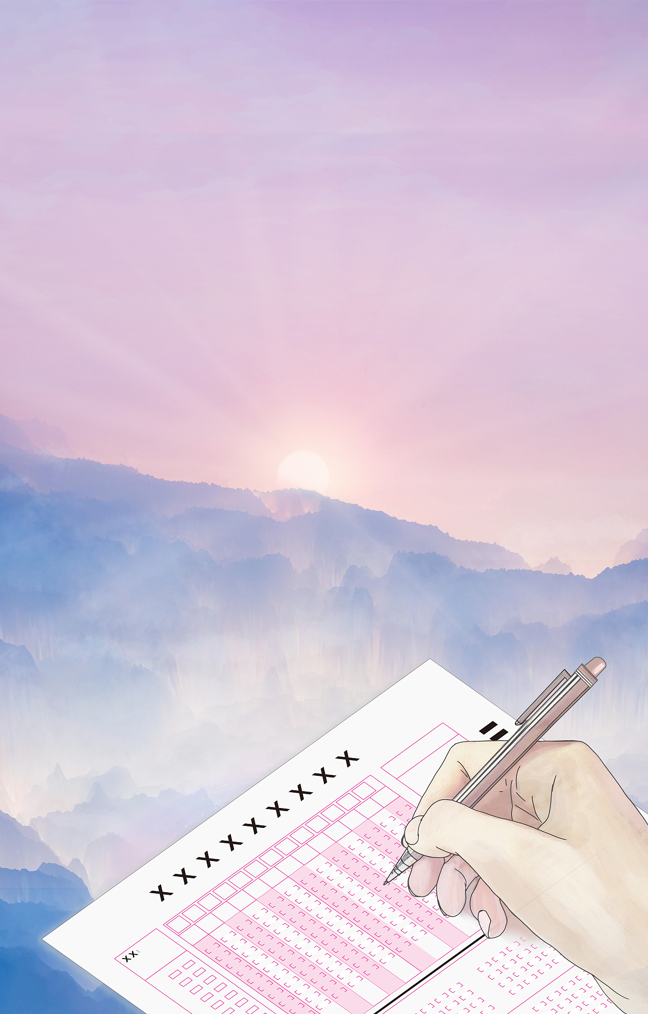 高考的考试中正在答题卡上填写答案的手,日出象征着希望插画背景