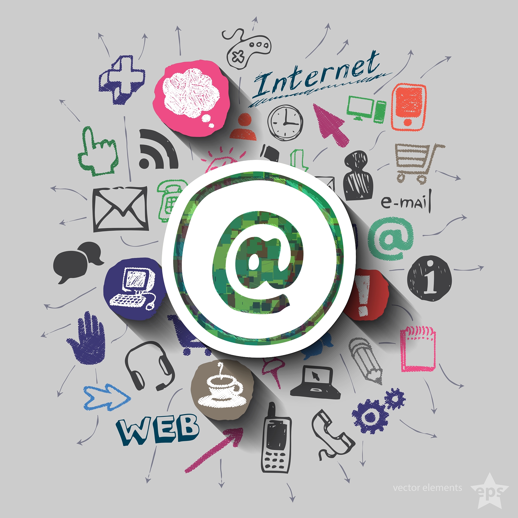 mail and collage with web icons background