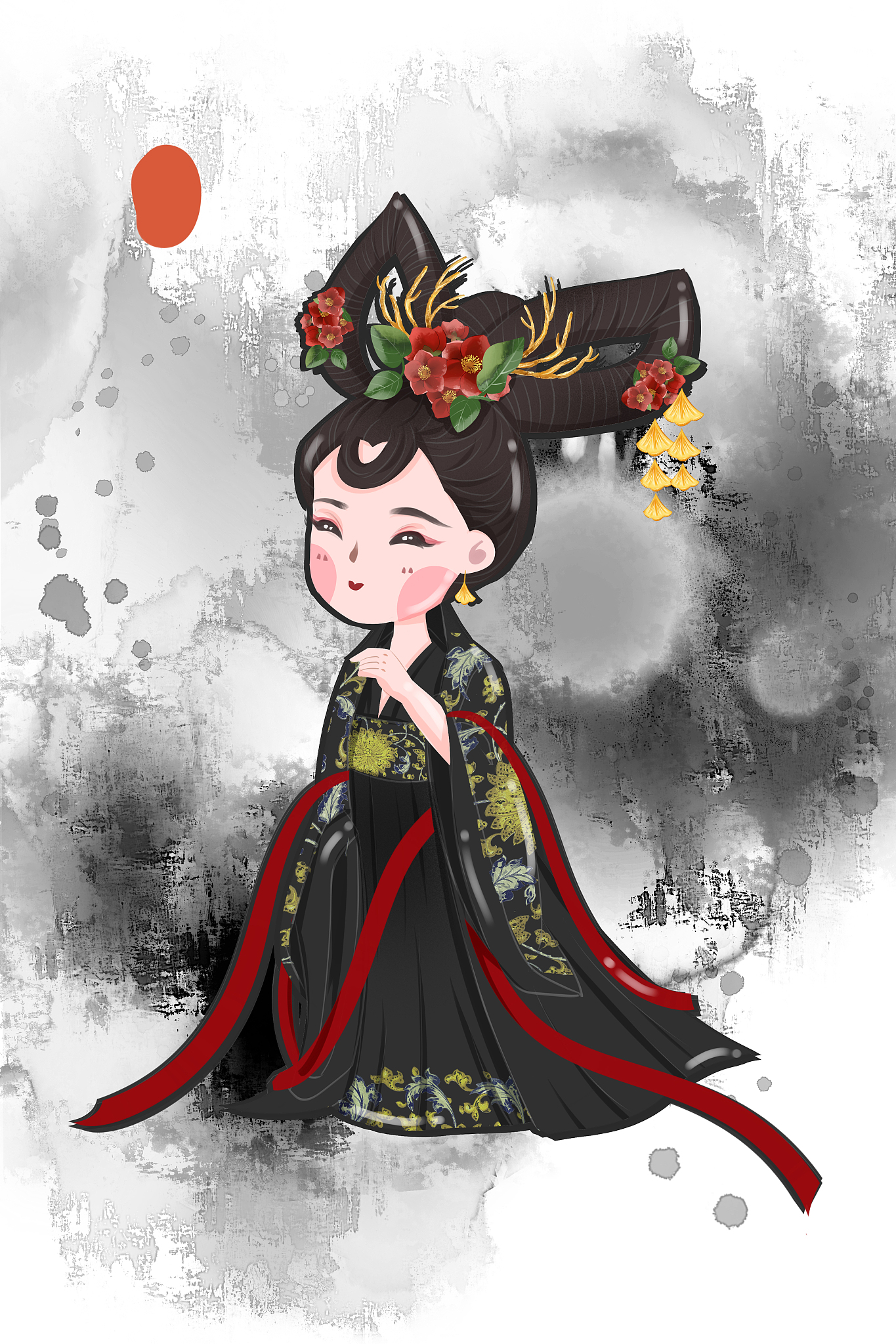 请设计一个古装女主角人设详细描述外貌包括五官形状大小排布衣着打扮饰品妆容颜色特色。另外请概括一下她的身份背景和性格特点。