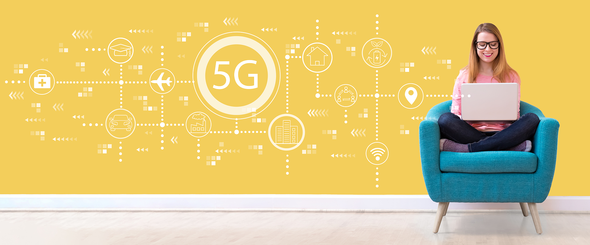 5g network with woman using a laptop