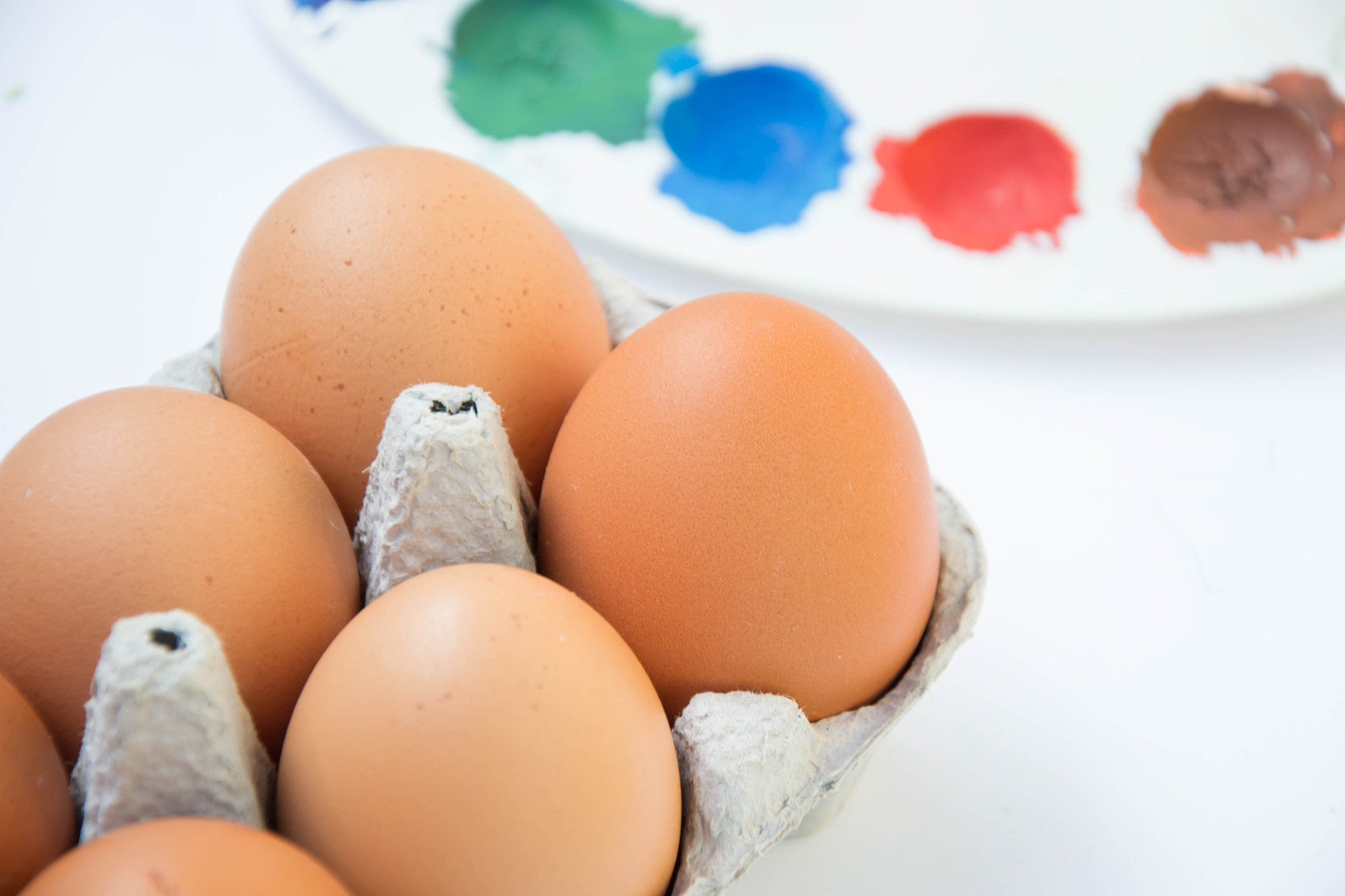 easter brown chicken eggs in carton container, with blurred pain
