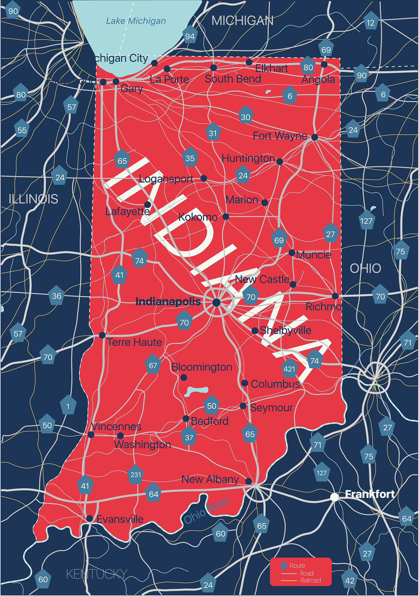 indiana state detailed editable map