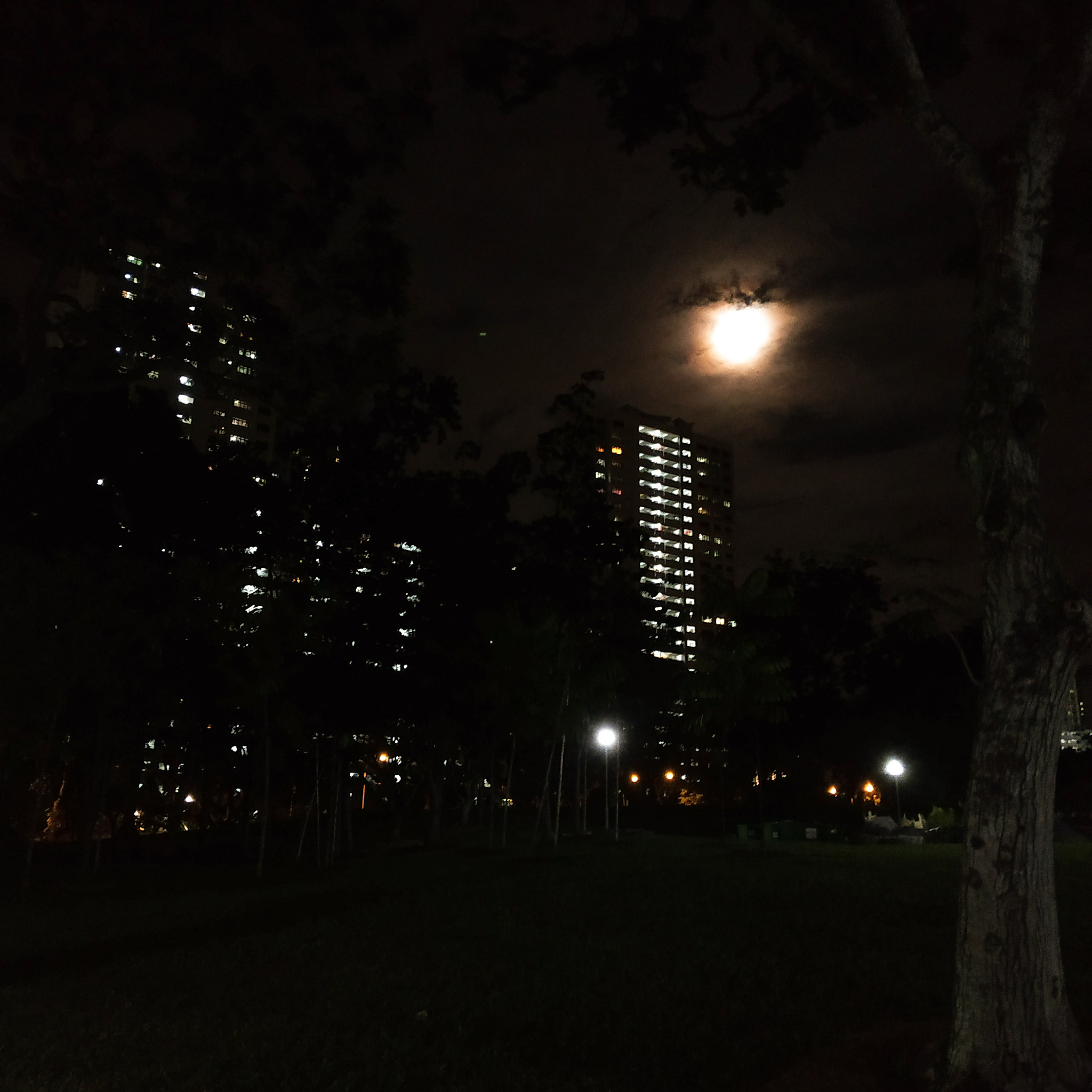silhouette of residential buildings with the full moon in the ba