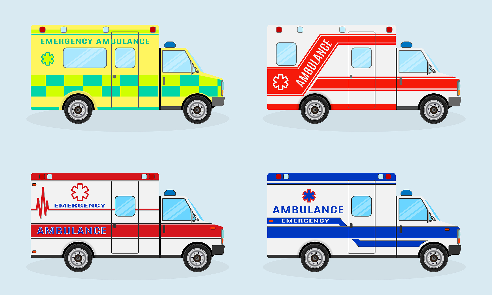 set of four emergency ambulance cars. ambulance car side view. e