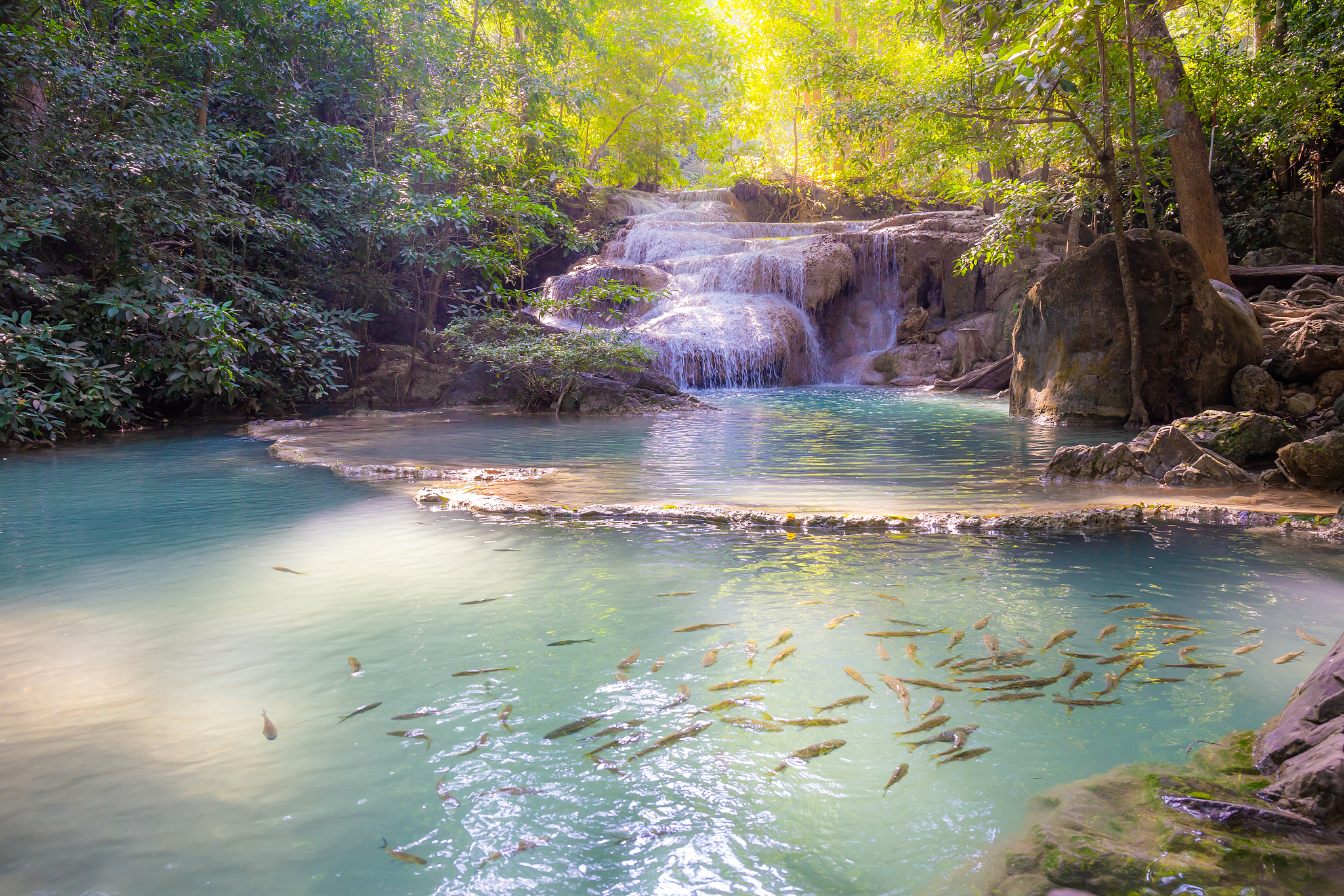 landscape of erawan waterfall in national park is a waterfall in