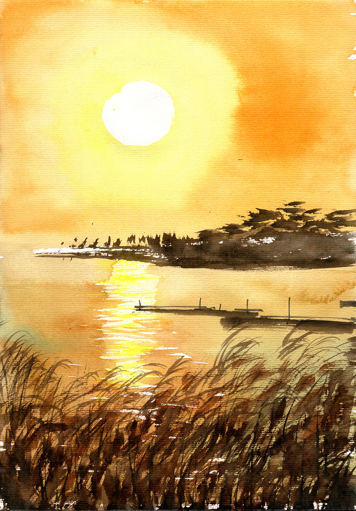 夕阳和小河：一幅宁静优美的风景画