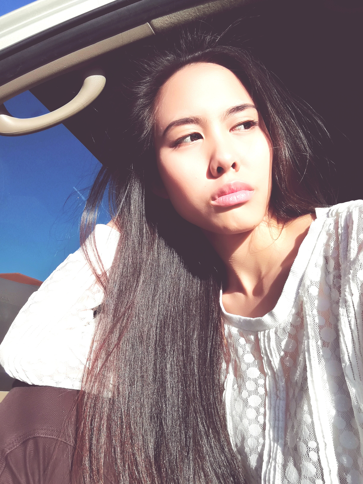 Long-haired Beauty Steps Out of Car at KFC