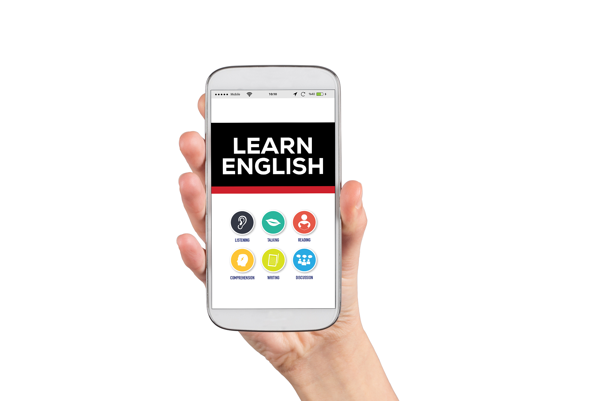 smartphone in hand and showing learn english concept on screen