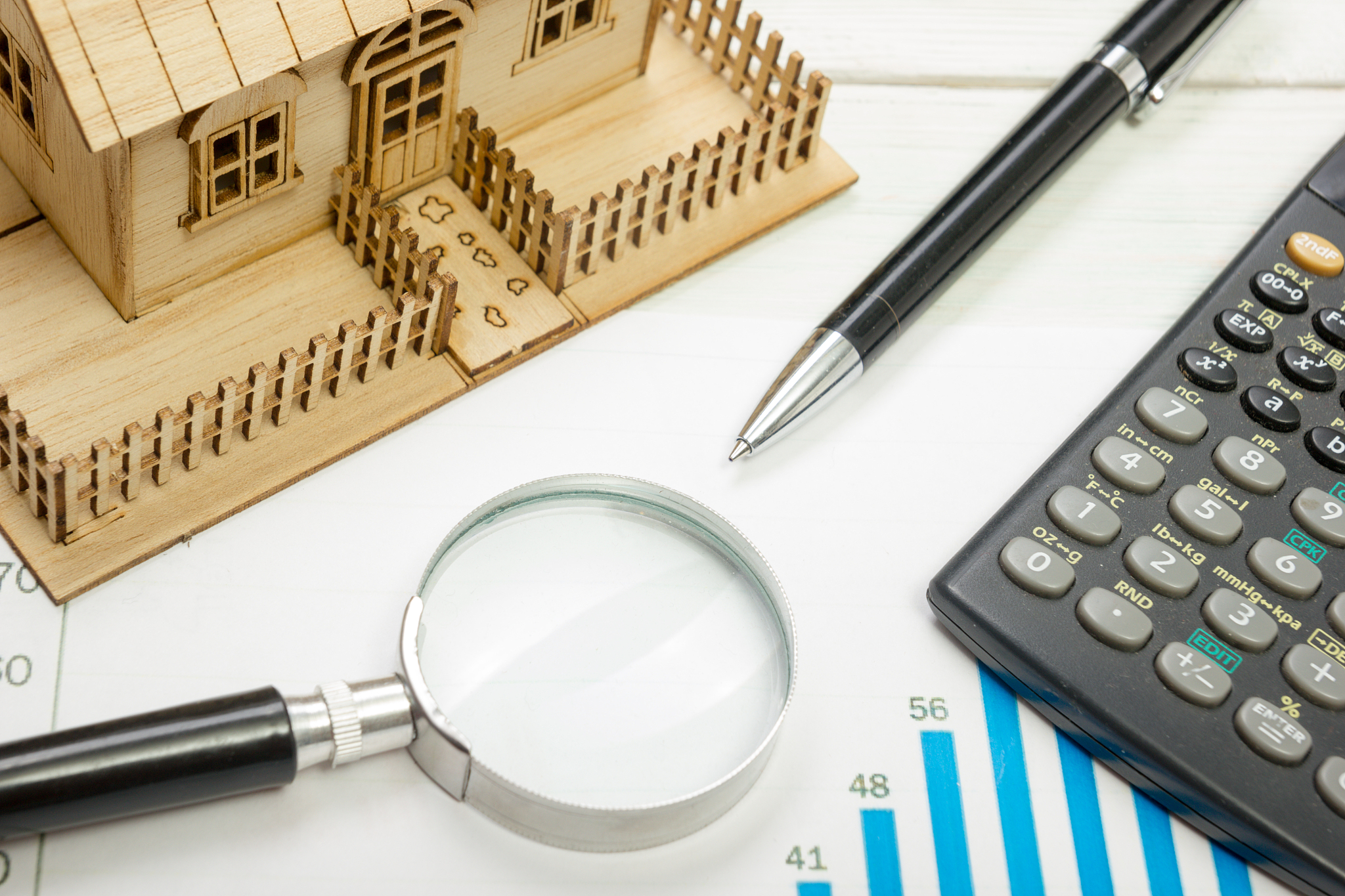 model house, construction plan for house building, calculator. r