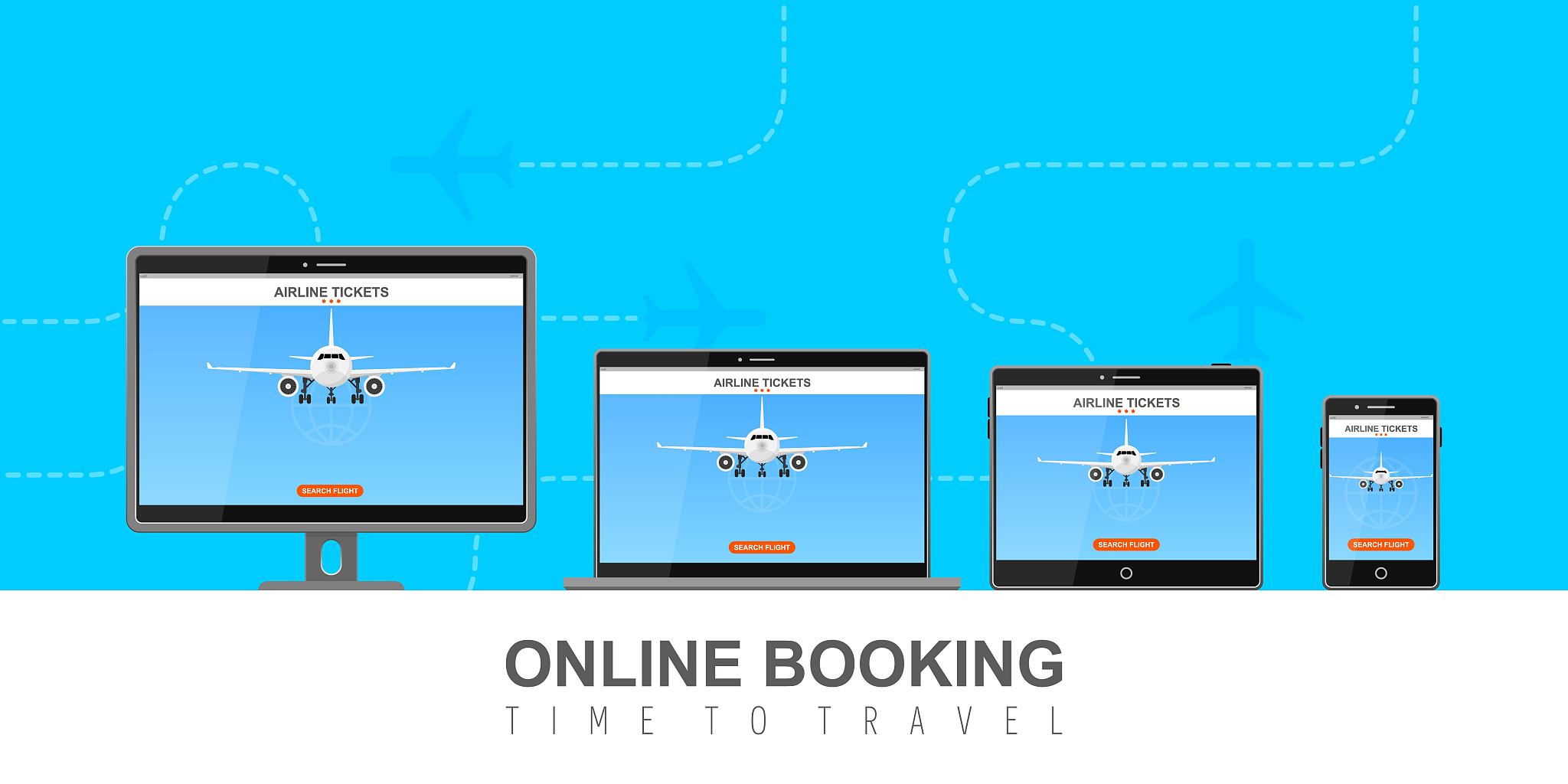 online flight booking on screen vector illustration