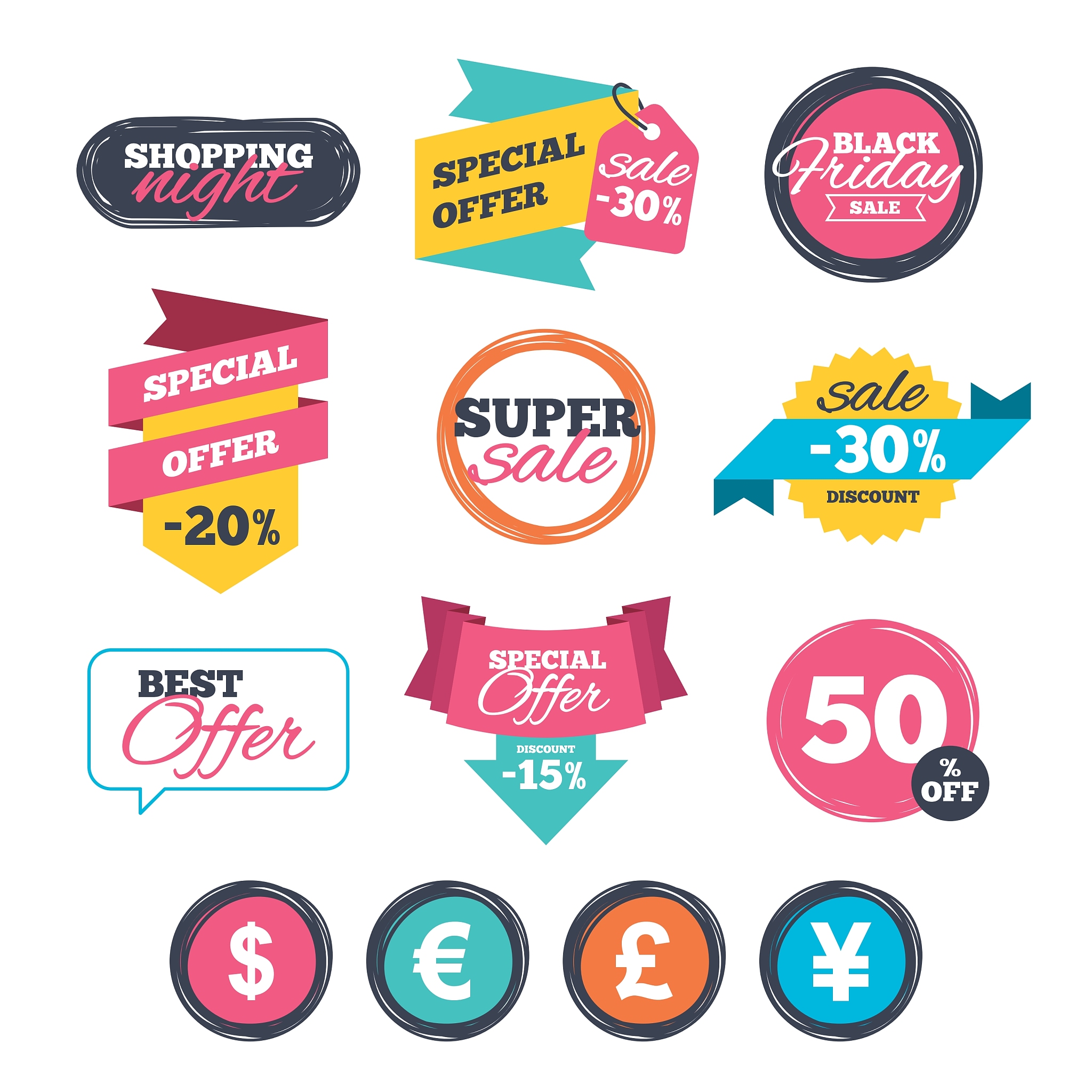 dollar euro pound and yen currency icons