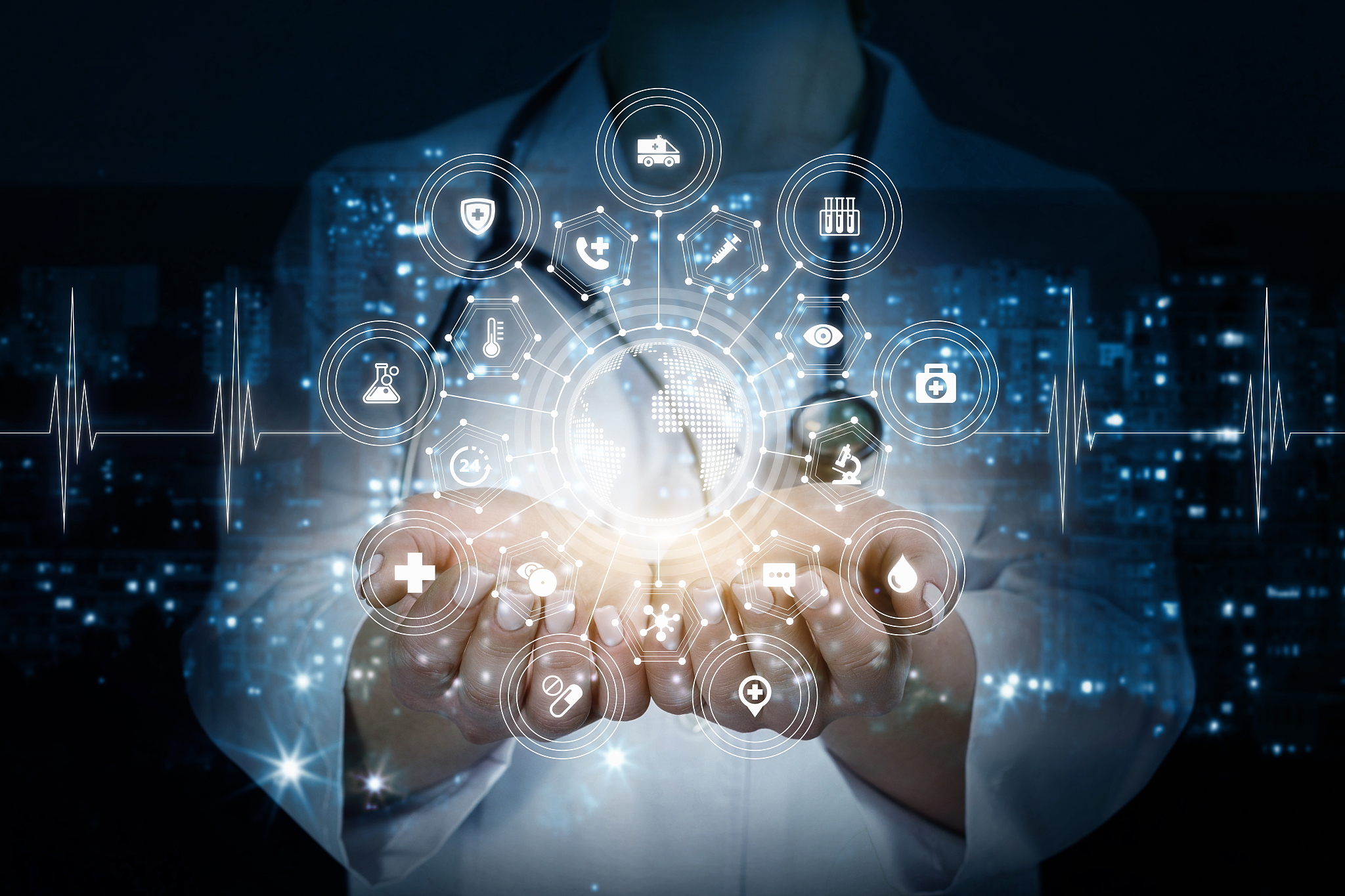 a doctor holding a global medicine service structure.
