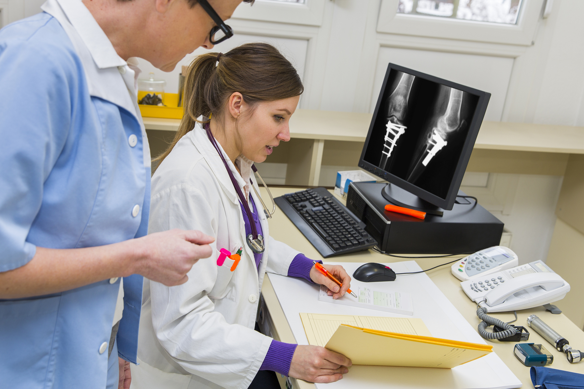 pretty young woman doctor working,examining patients file