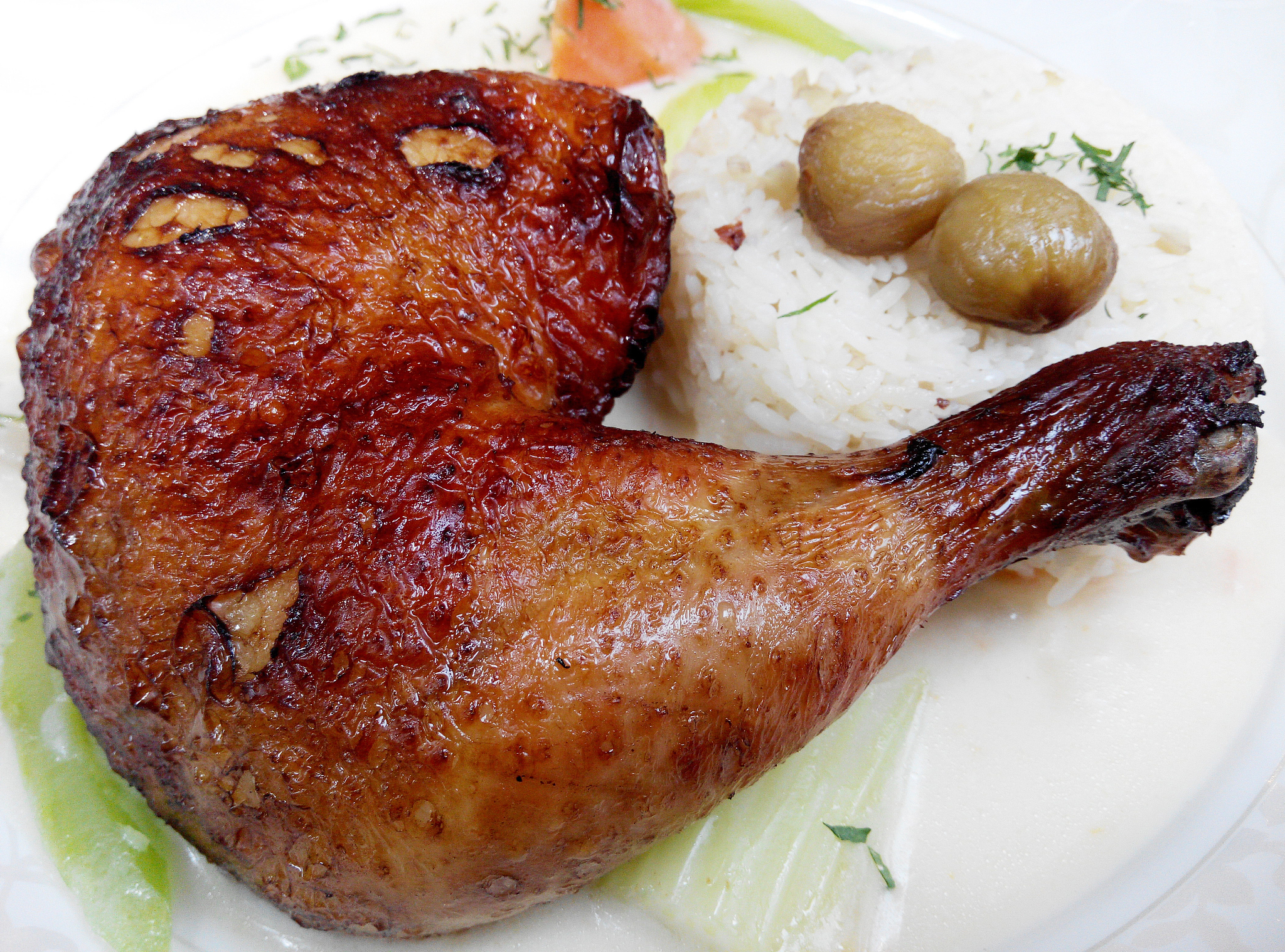baked chicken legs with rice and vegetables