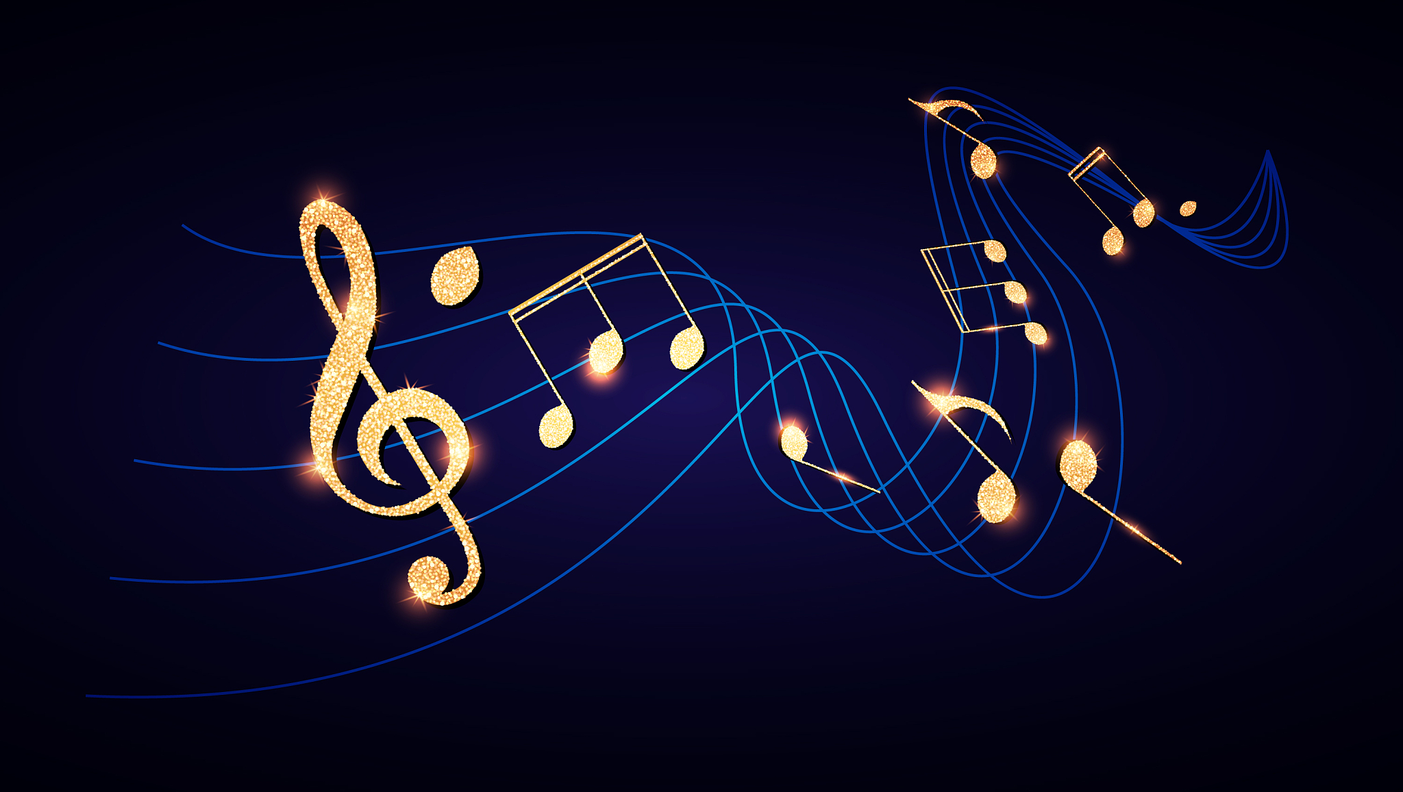 music notes and treble clef on swirling tave