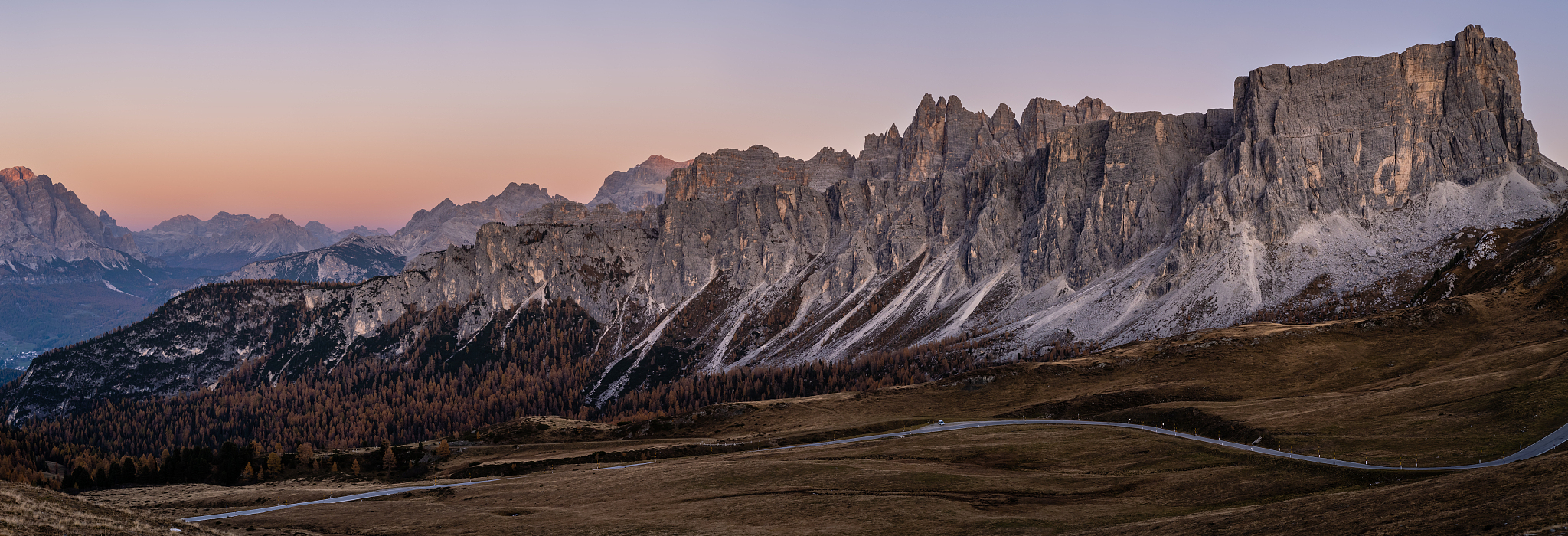 mountain evening dusk peaceful panorama from giau pass.