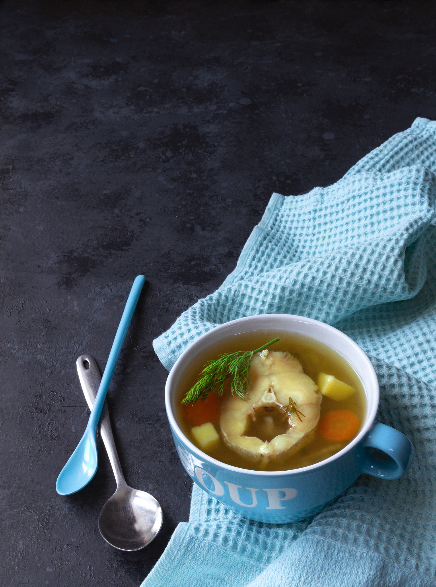 fish soup on a dark background in a blue plate with free copy sp