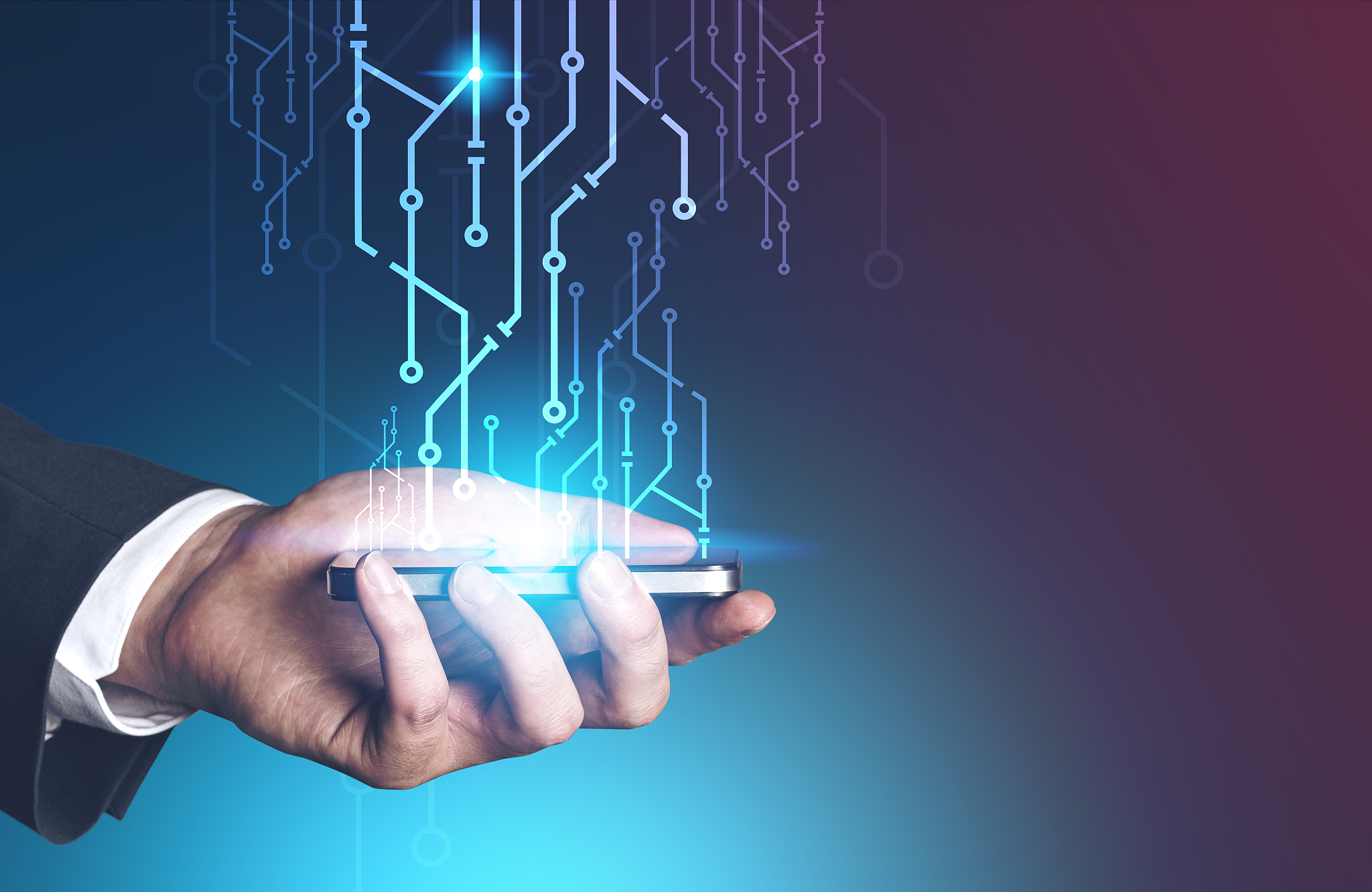 man hand with smartphone, circuits