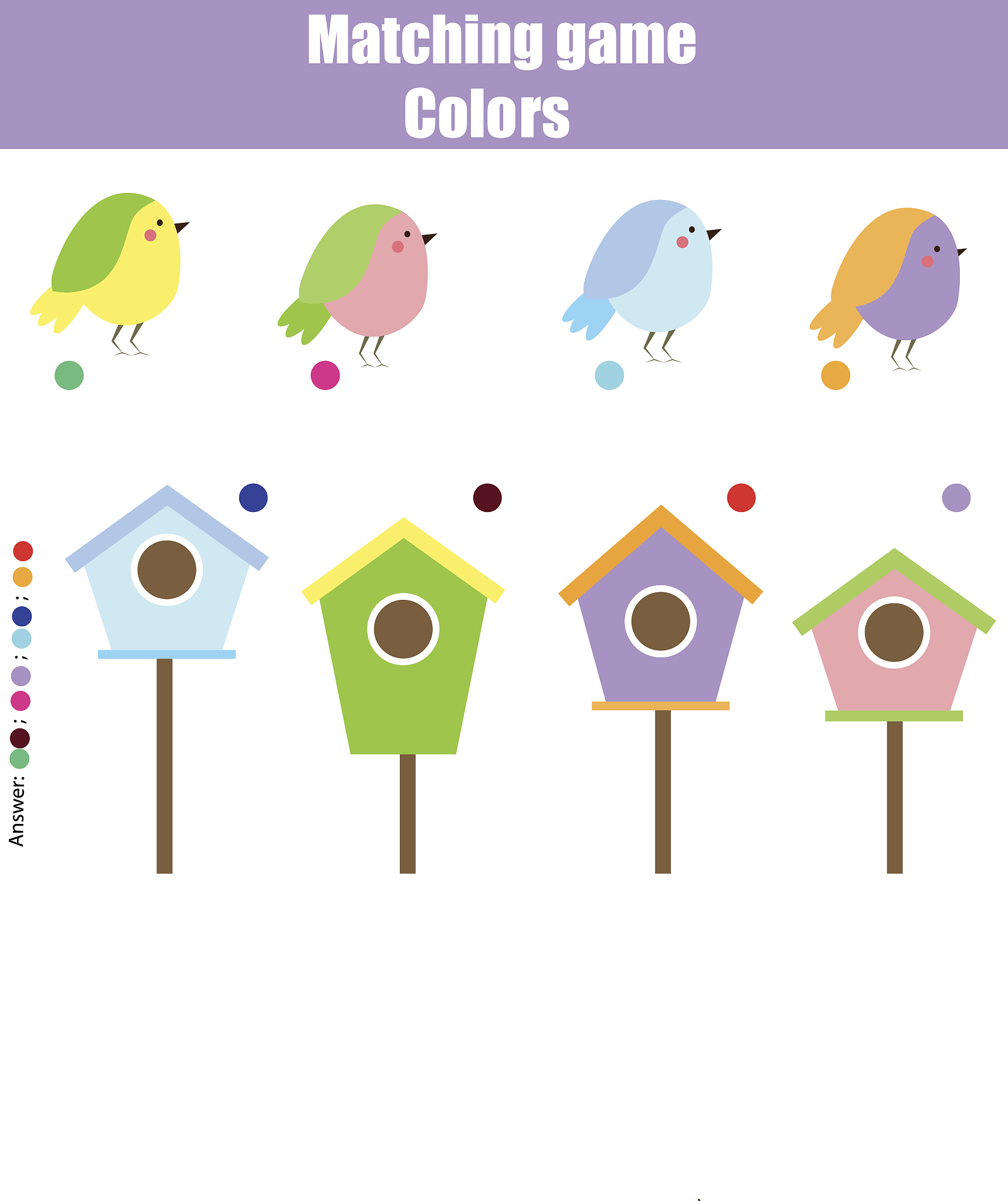 educational children game. match by color. find pairs of birds a