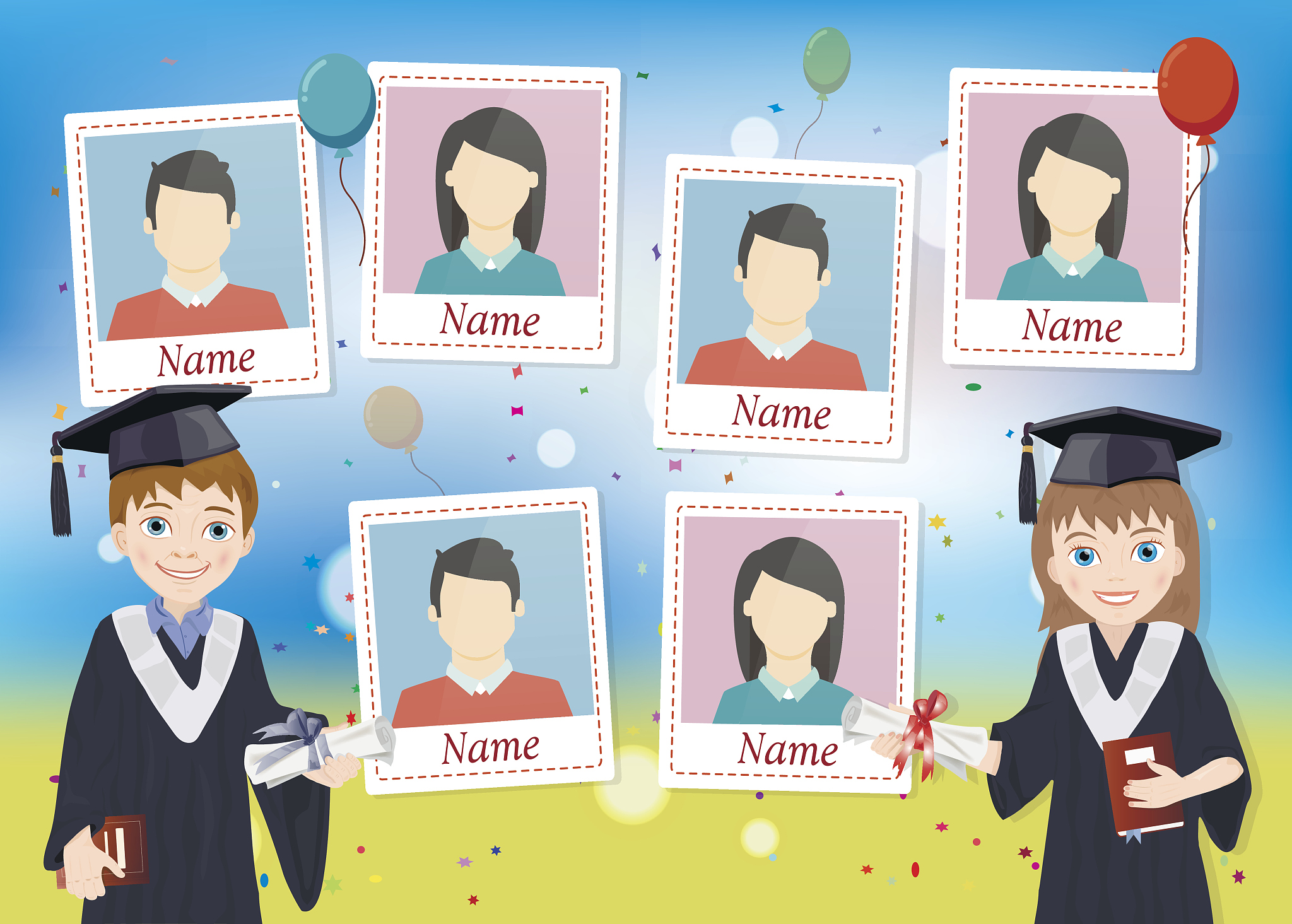 yearbook with graduate schoolboy and schoolgirl