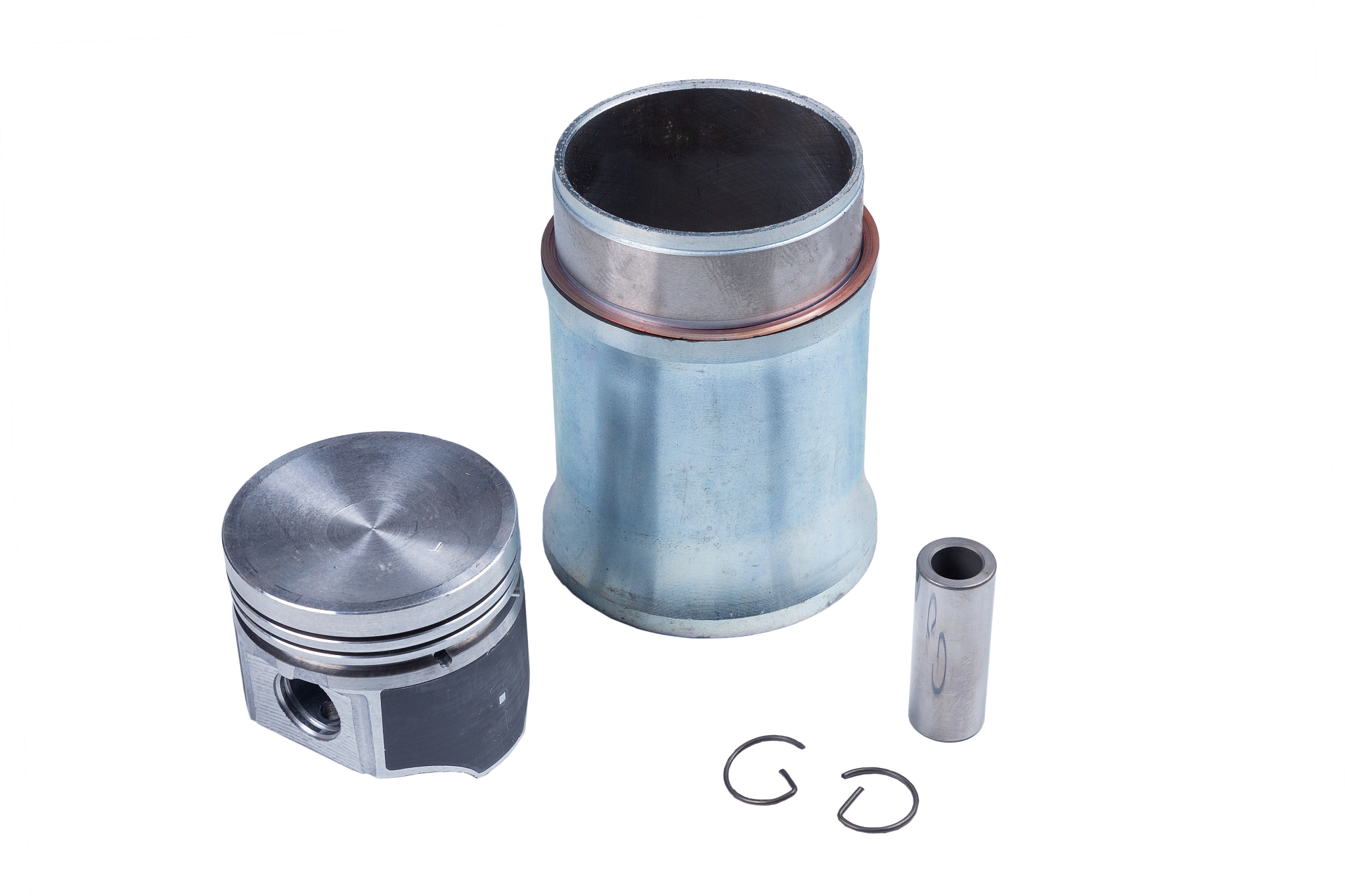 engine spare parts: piston, pin and sleeve isolated on white bac