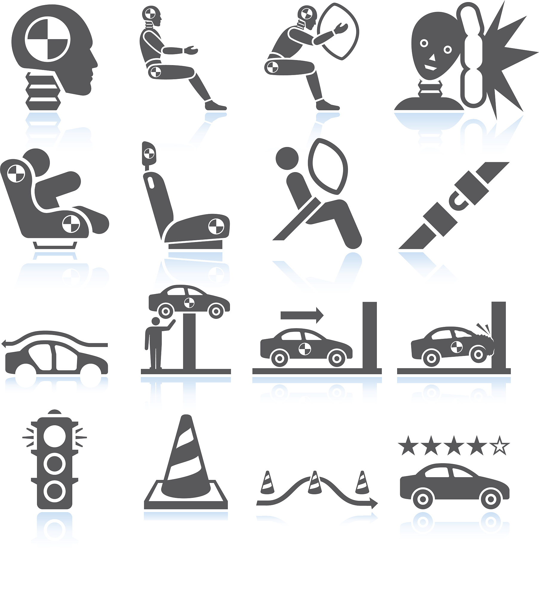auto safety testing black & white icon set