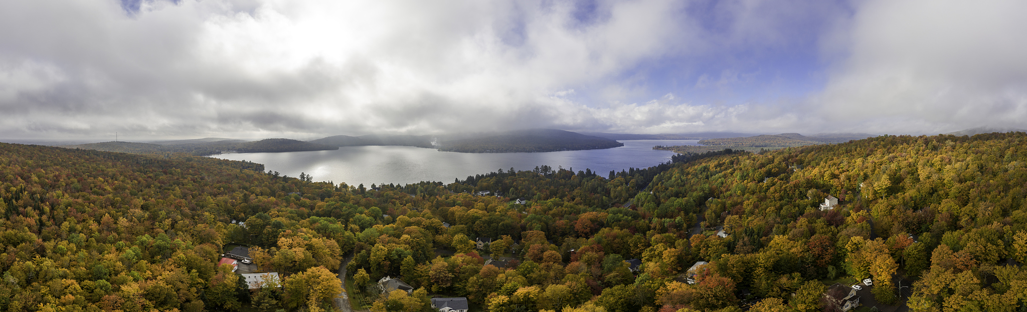 aerial panoramic picture of lac st-joseph in autumn season, queb