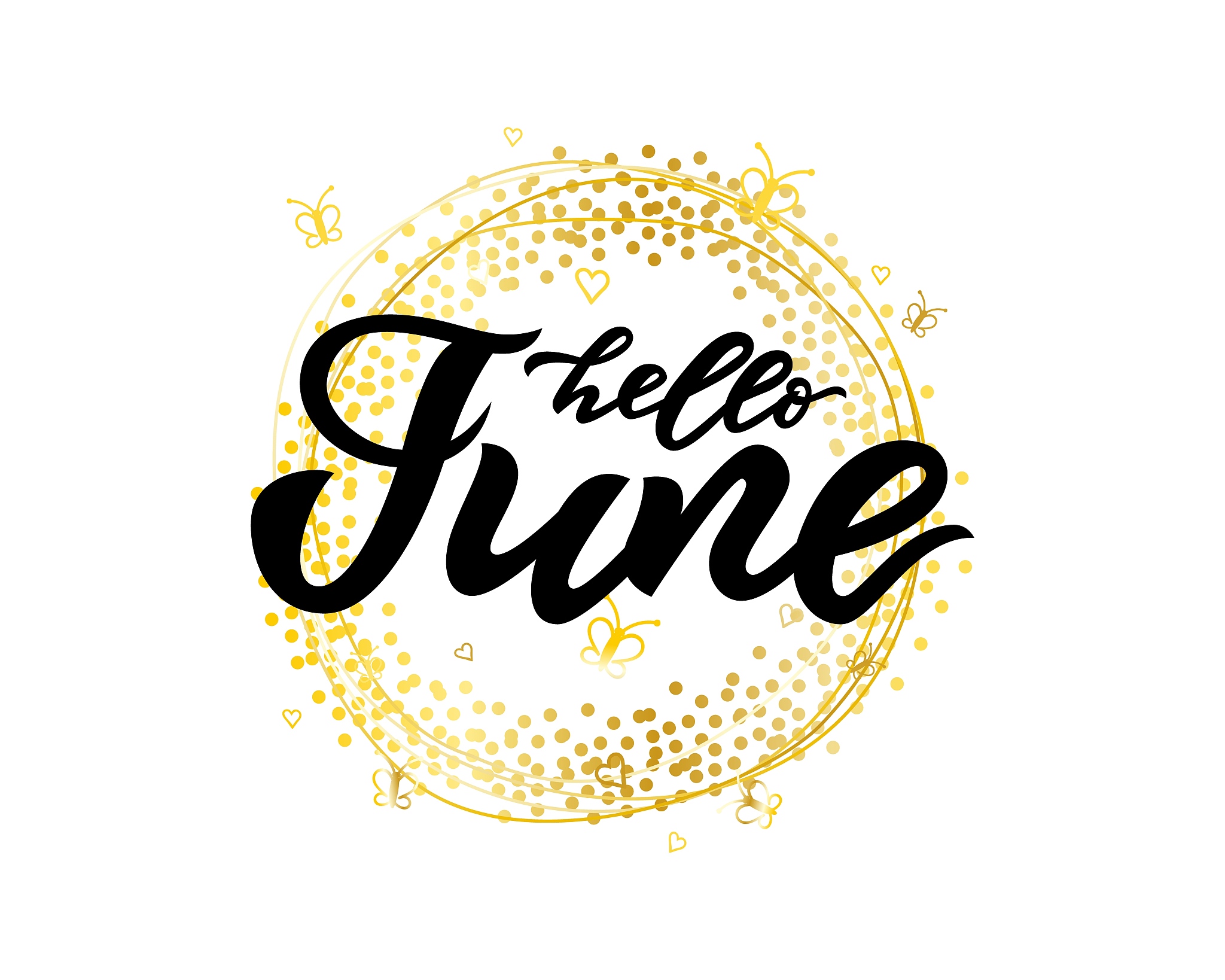 hello june, july handwritten lettering on decorative golden wrea