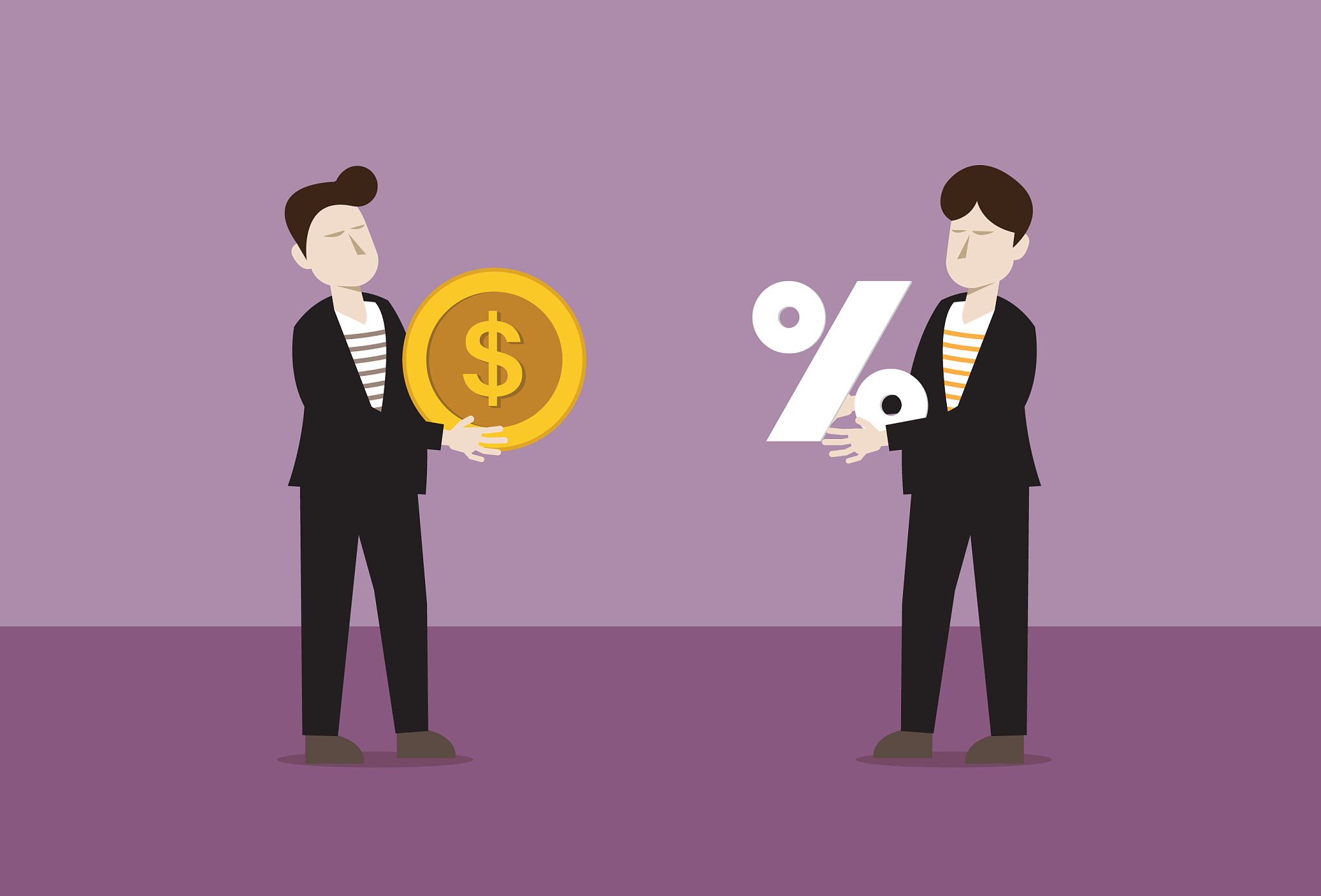 businessman holding dollar coin and percentage sign