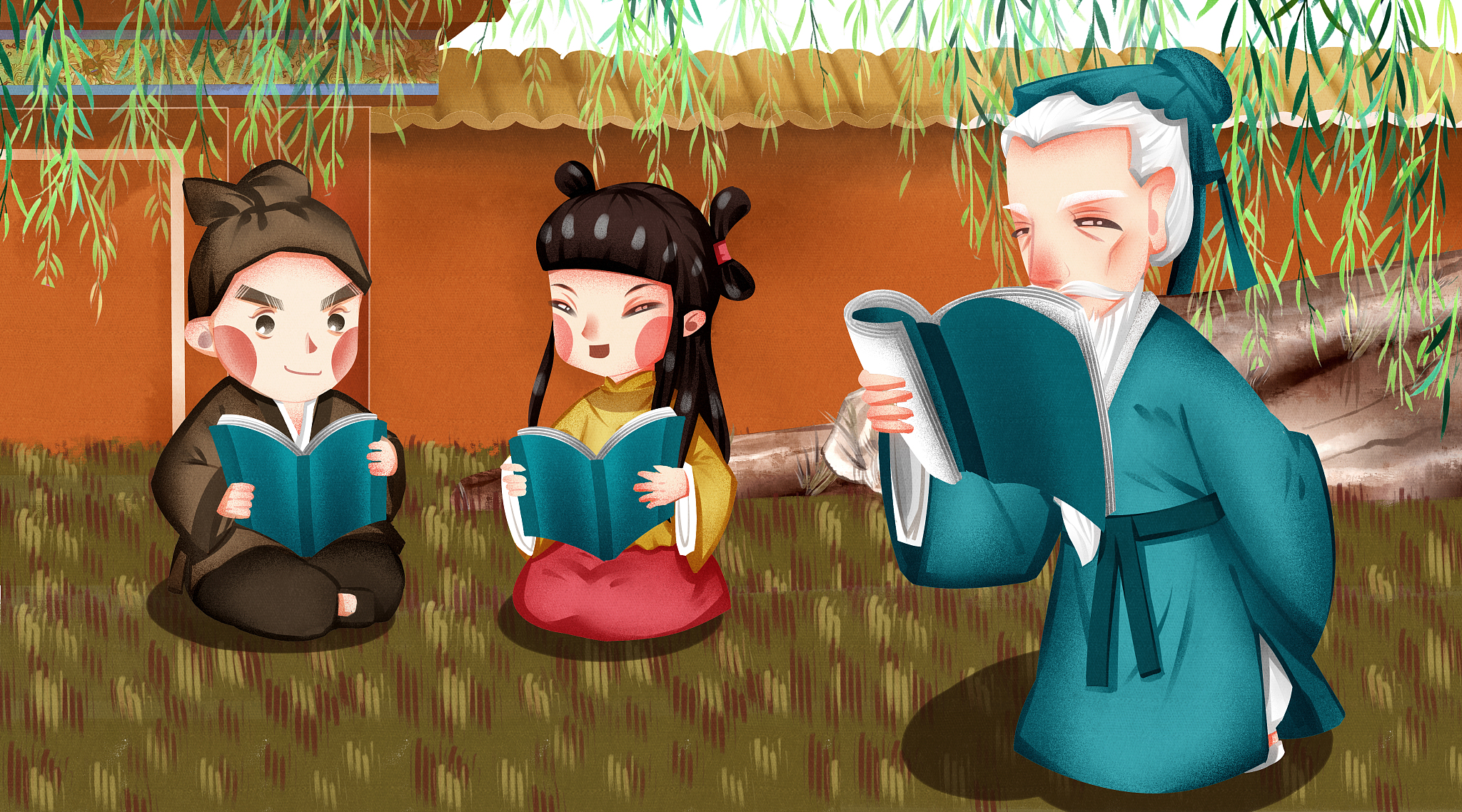 中国风孩童学习国学插画