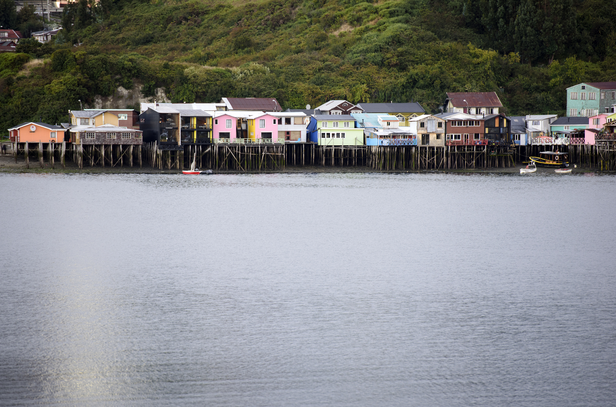 colourful palafitos in castro, chiloé island, chile