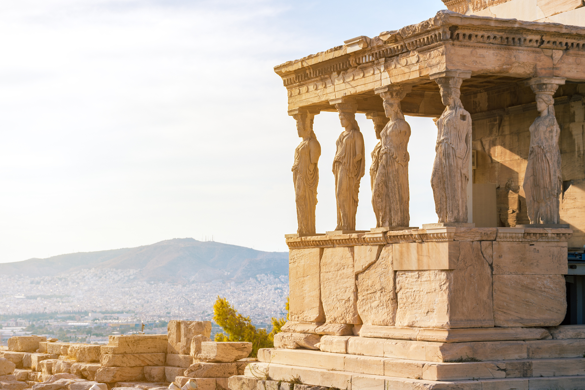 caryatids located on top of acropolis hill in athens, greece