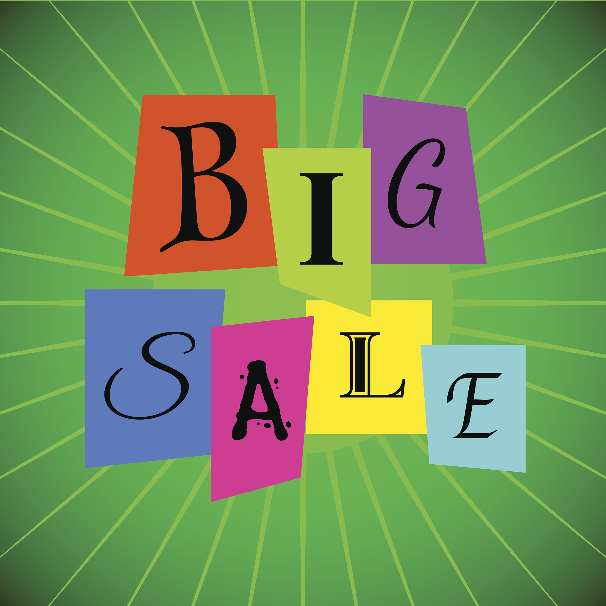vector big sale words from color paper over green rays