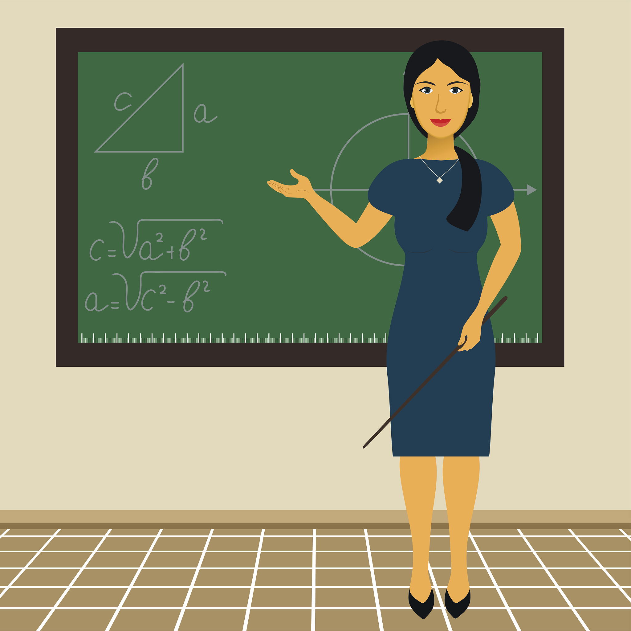 teacher standing at the blackboard with a pointer in hand