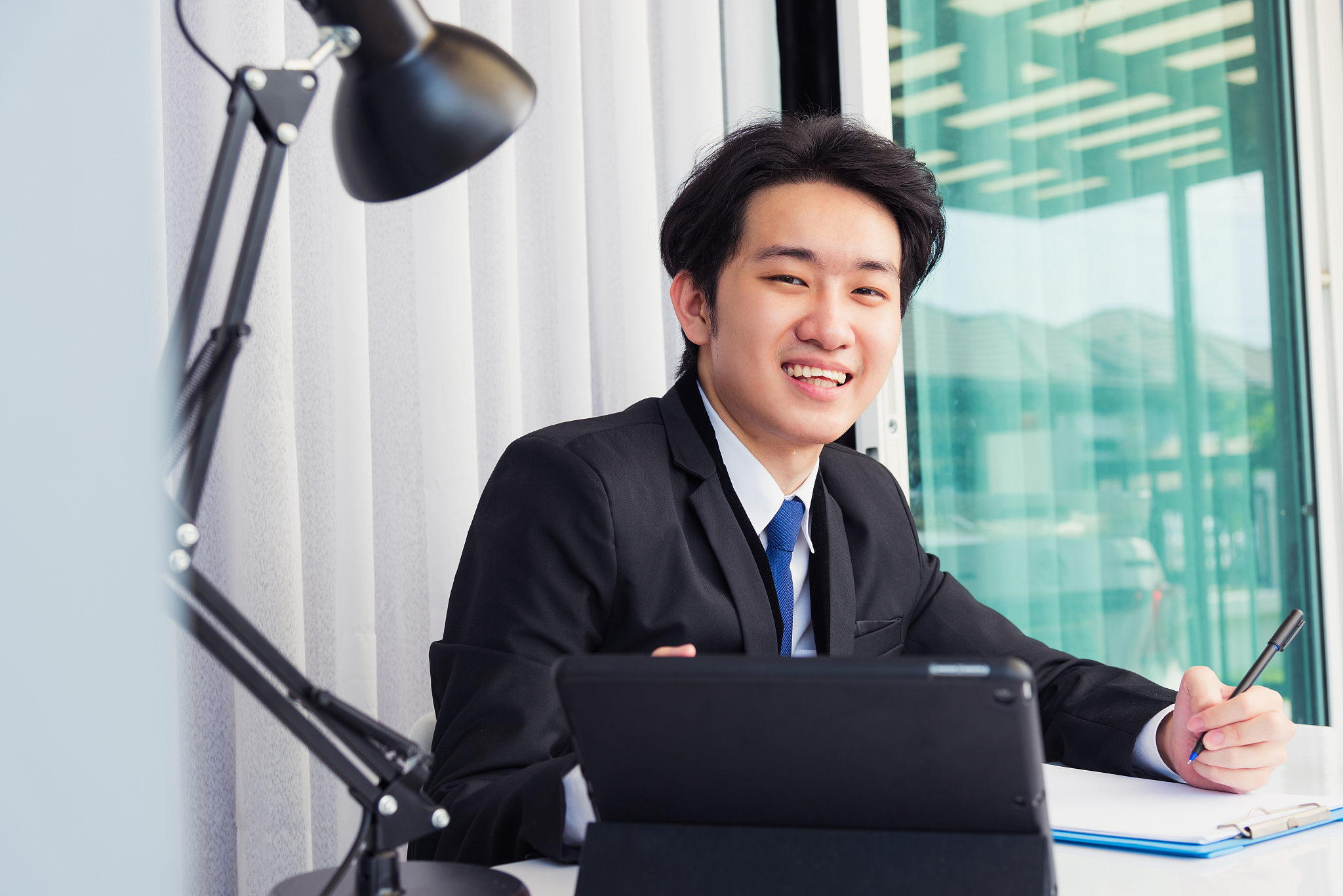 businessman video conference call using smart digital tablet com