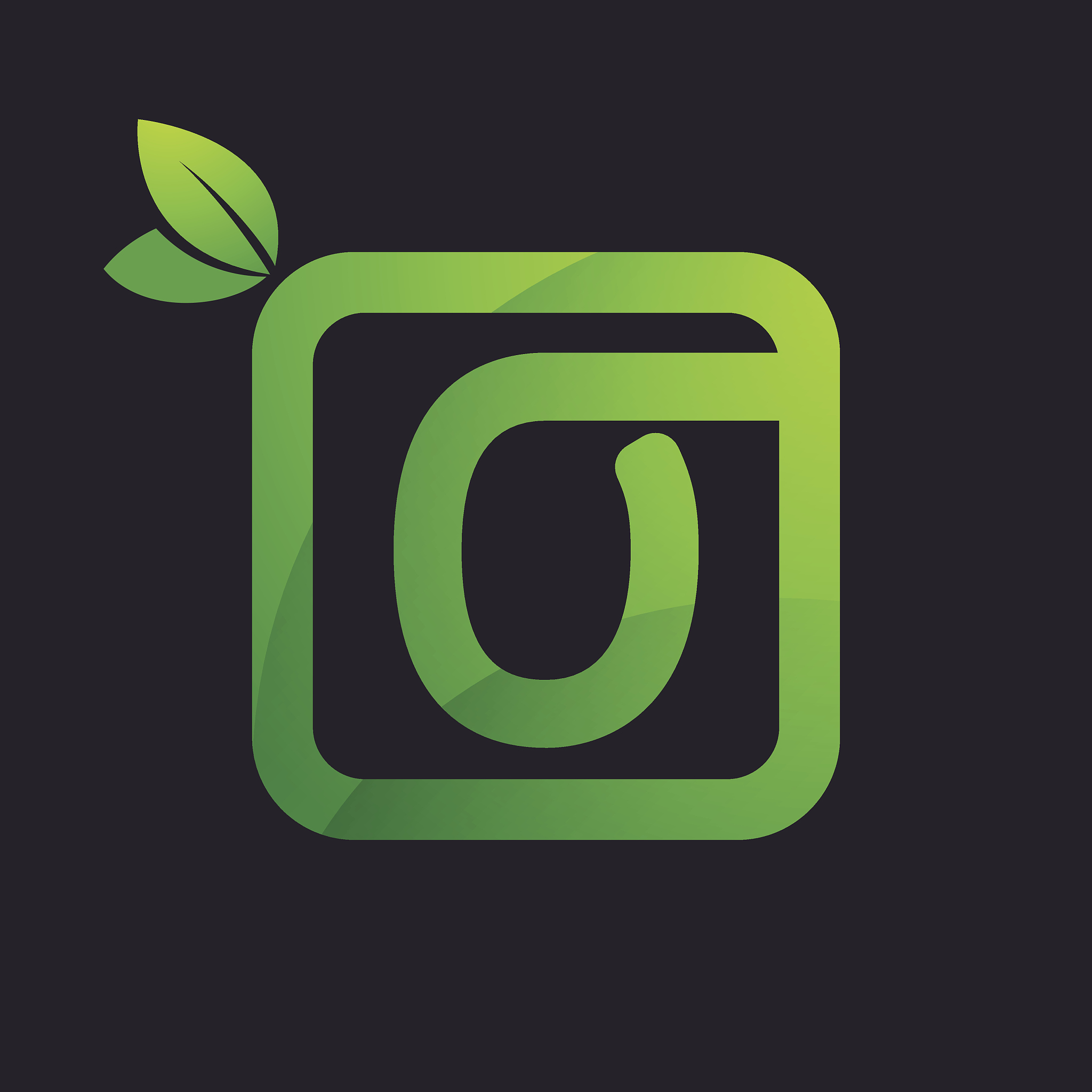 o letter icon in square and green leaves.